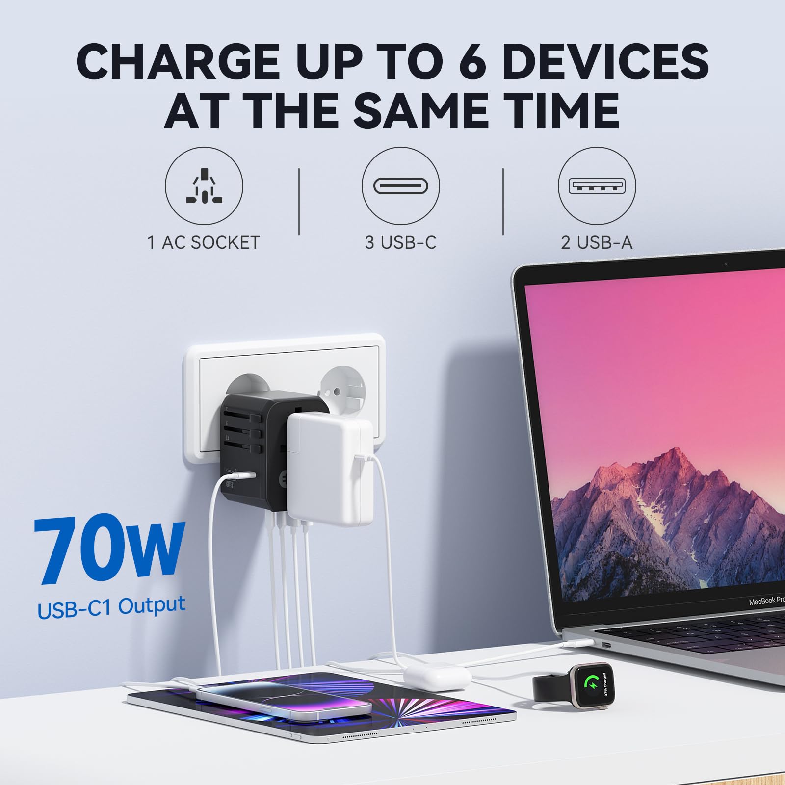 Unidapt Universal Travel Adapter, International Travel Plug Adapter With Uk,Eu,Au,Us Plugs, 70W Gan 3Usb C Pd & 2Usb A Qc Worldw