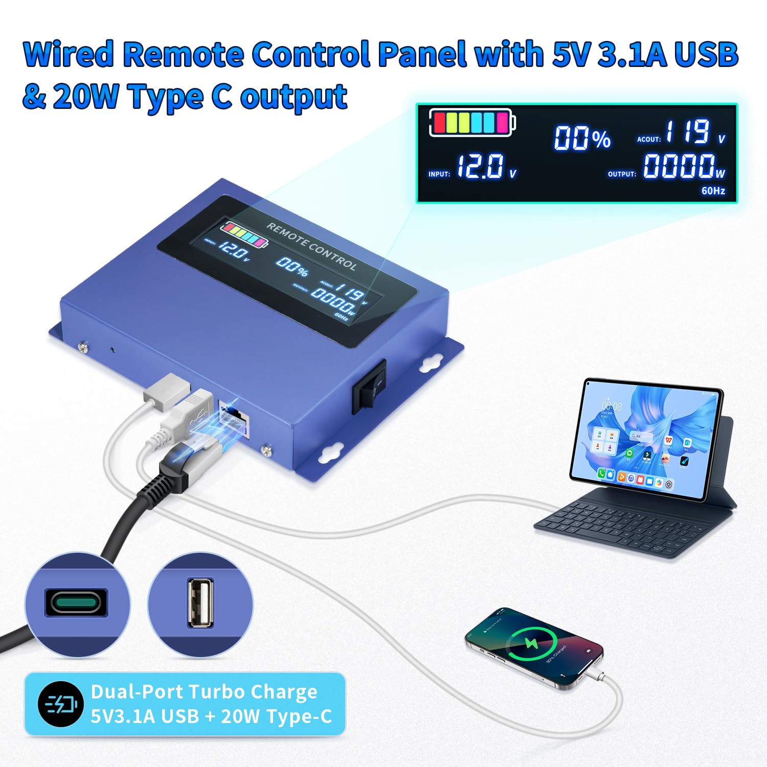 3000W Pure Sine Wave Inverter Dc 12V To Ac 110V/120V Converter, 6000W (Peak) With Lcd Display, Wireless/Wired Remote Control, 4A