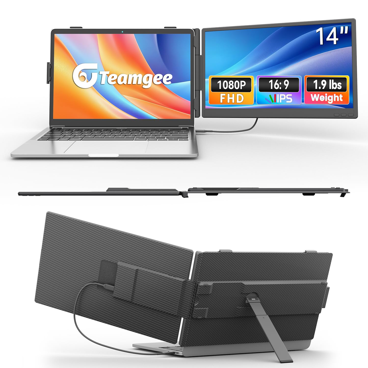 Teamgee 14 Inch Laptop Screen Extender, 1080P FHD Laptop Monitor Extender, Portable Monitor for Laptops 13-17.3 with USB-C/HDMI