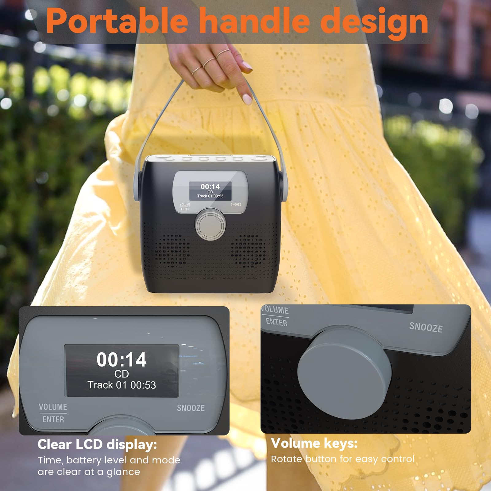 Monodeal Cd Player Portable,Bluetooth Boombox Cd Player With Speakers,Portable Fm Radio For Camping& Travel(Favourite Memory,Led,Waterproof,Clock,Alarm Timer,Usb,Headphone Jack,Batterypower Supply,6W)