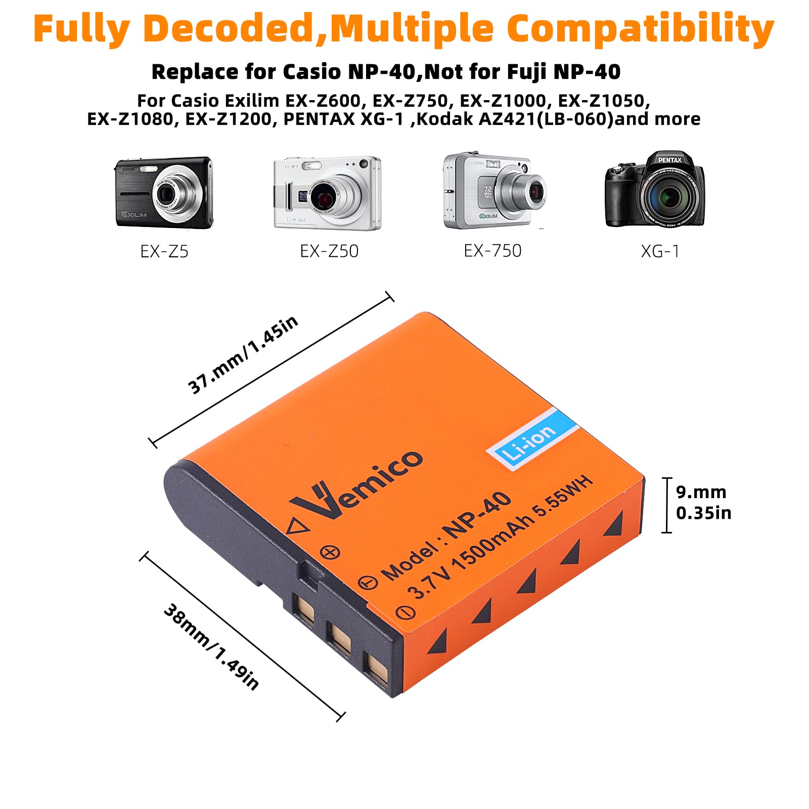 Vemico Np 40 Battery Charger Kits 3 Pack 1500Mah Camcorder Batteries Dual Charger For Video Camera Camcorders Casio Np 40,Kodak