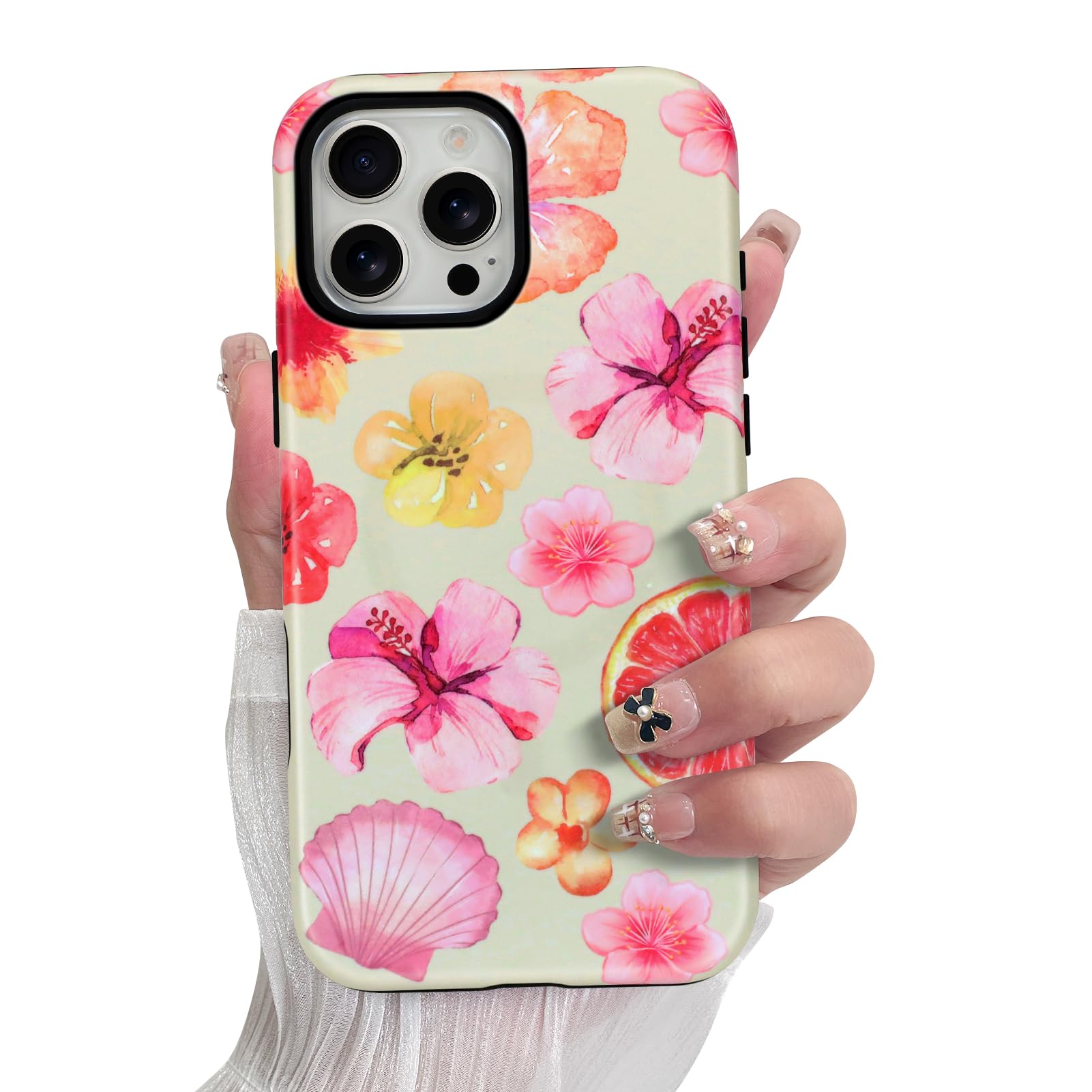 SOKAD Magnetic Hibiscus Seashell Phone Case for iPhone 16 Pro, Cute Summer Florals Pattern Compatible with Magsafe Matte Protect