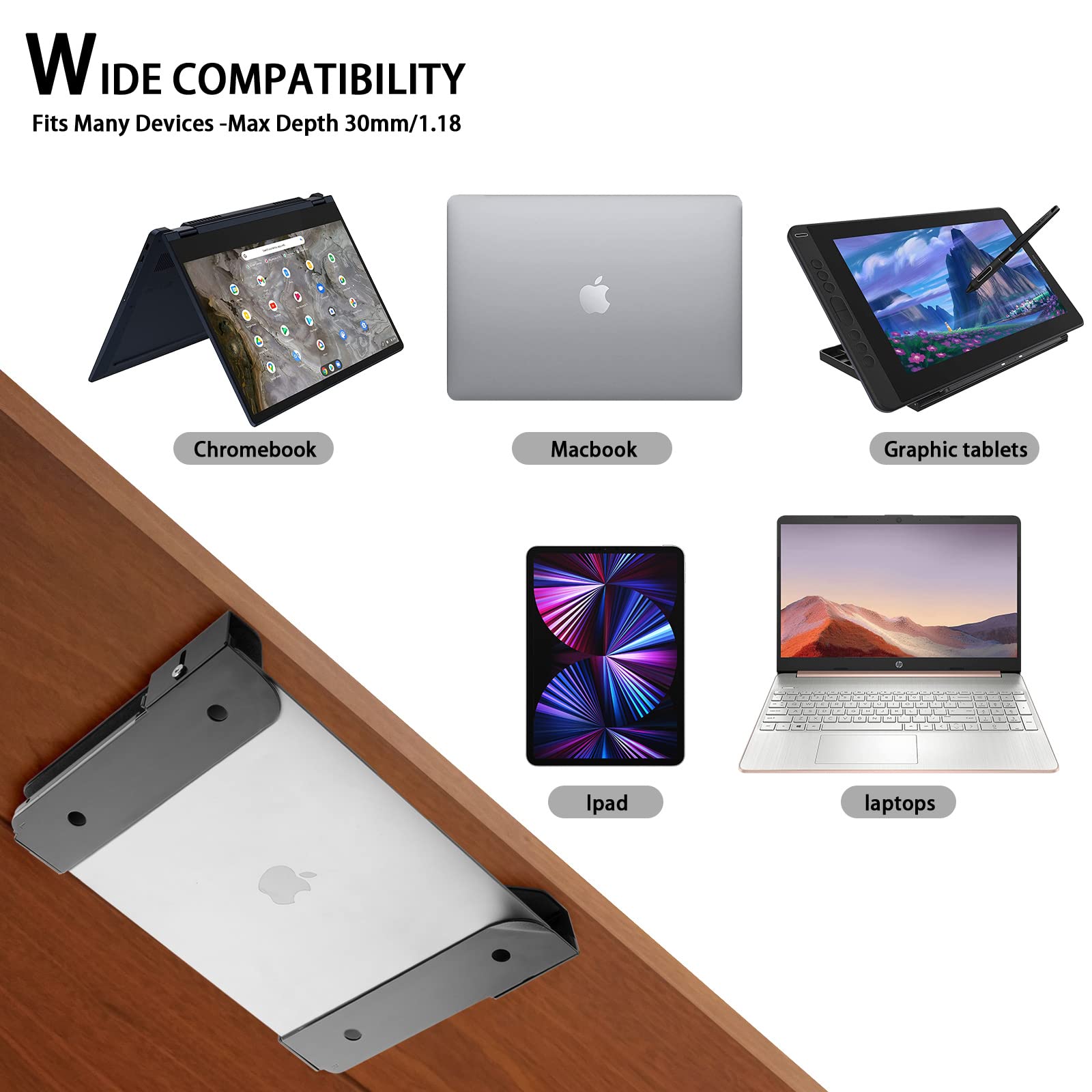 Caszlution Wall Mount And Under Desk Mount Laptop Holder, Universal Laptop Storage Bracket For Devices Up To 1.18'' Thick Macboo