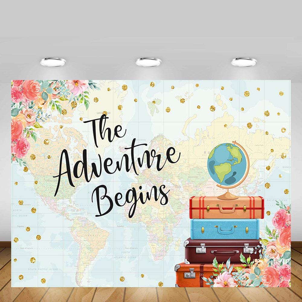 Mehofoto Adventure Begins Baby Shower Party Decorations Backdrop Vintage Red Floral Suitcases Travel Around The World Map Bridal