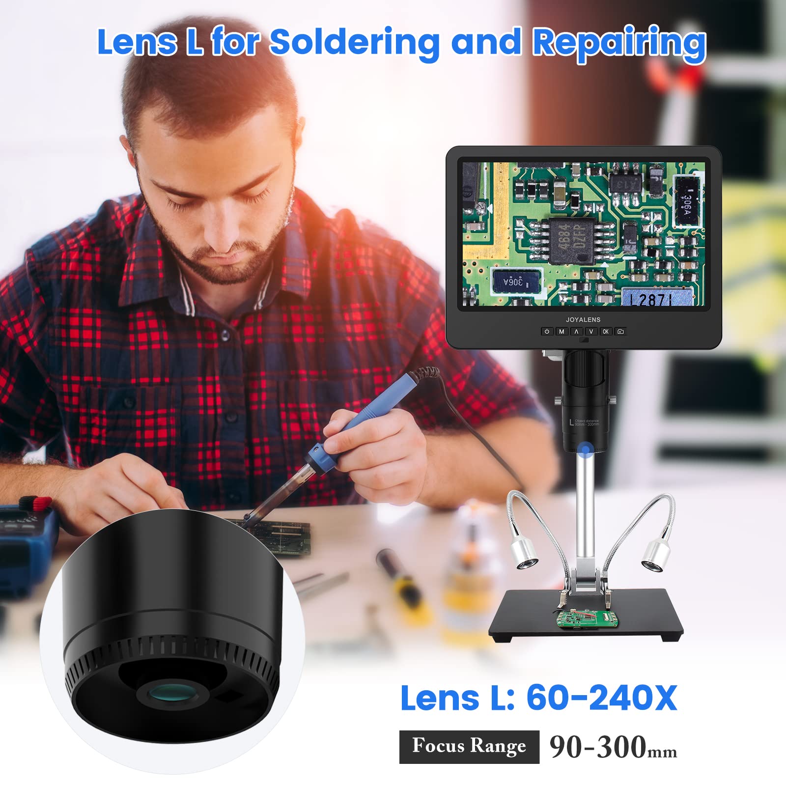 Joyalens Jl249Ms 3 Lens 10.1 Inch Lcd Hdmi Digital Microscope 2000X, 24Mp Soldering Microscope Pro Metal Stand For Vertical Hori