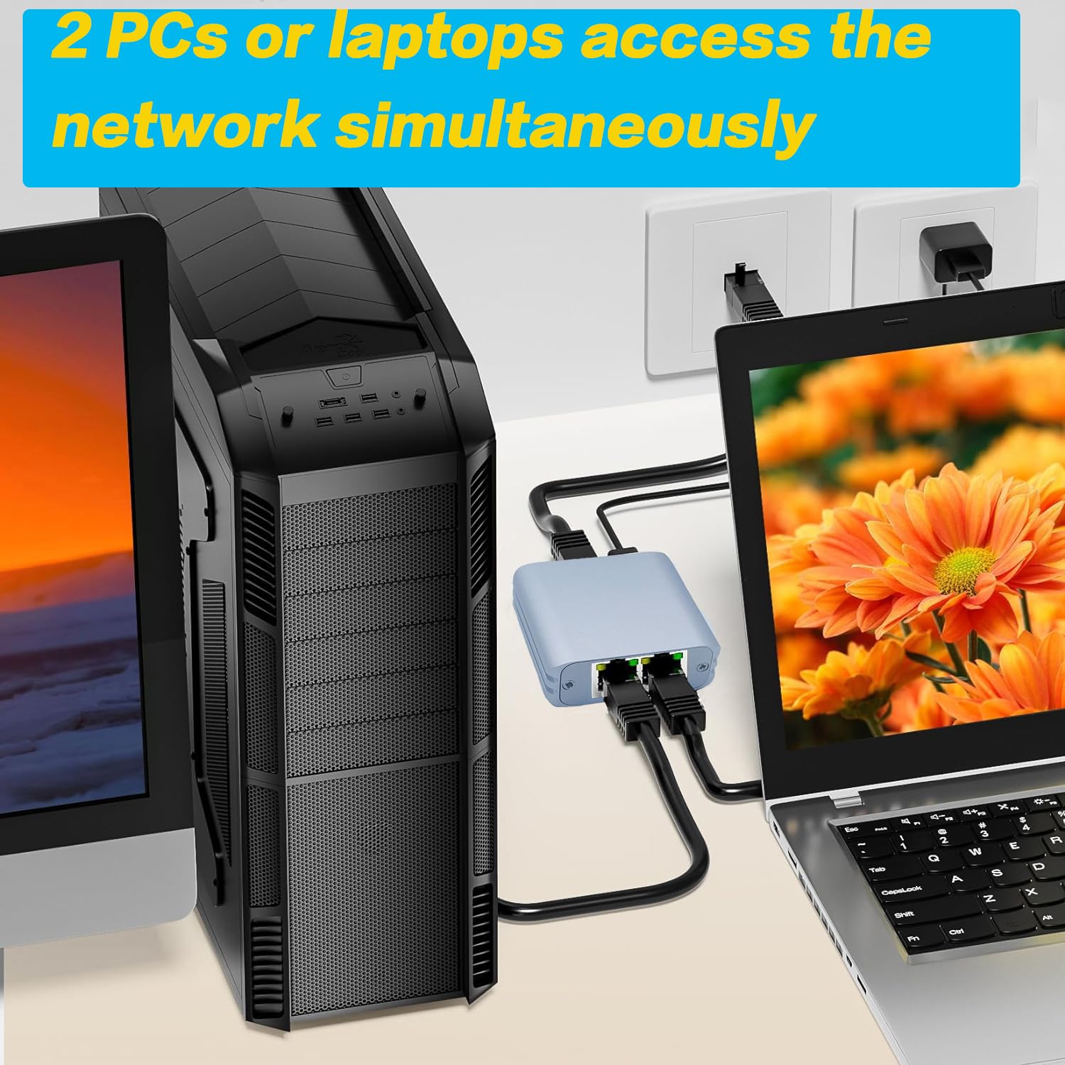 Rj45 Ethernet Splitter Adapter, Aoaizue Usb To Rj45 Network Cable High Speed 1000Mbps 8P8C Extender Plug Lan Interface 1 To 2 Du