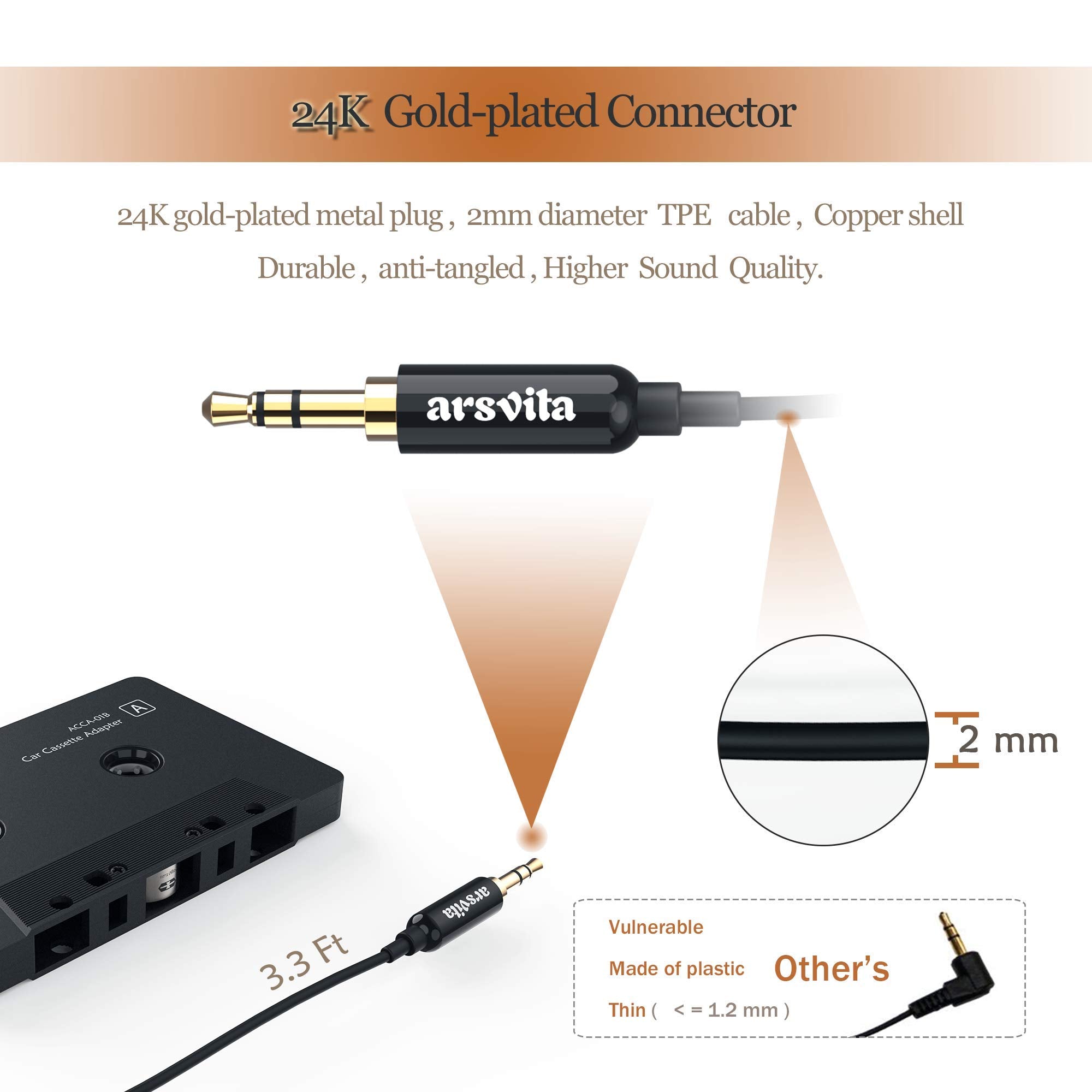 Arsvita Car Audio Cassette To Aux Adapter, 3.5 Mm Auxillary Cable Tape Adapter