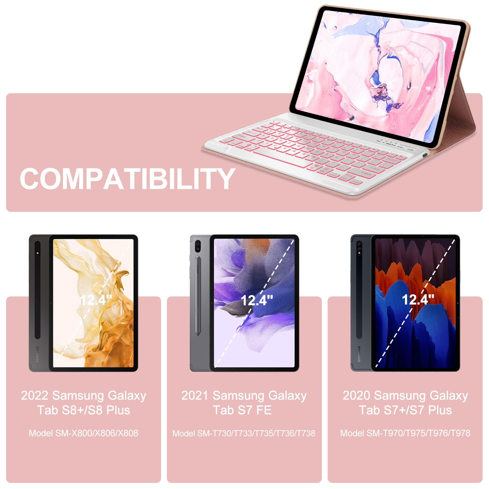 For Samsung Galaxy Tab S8+/S7 Fe/S7 Plus Keyboard Case 12.4 Inch  Detachable Bluetooth Backlit Keyboard, Slim Multi Angle Cover