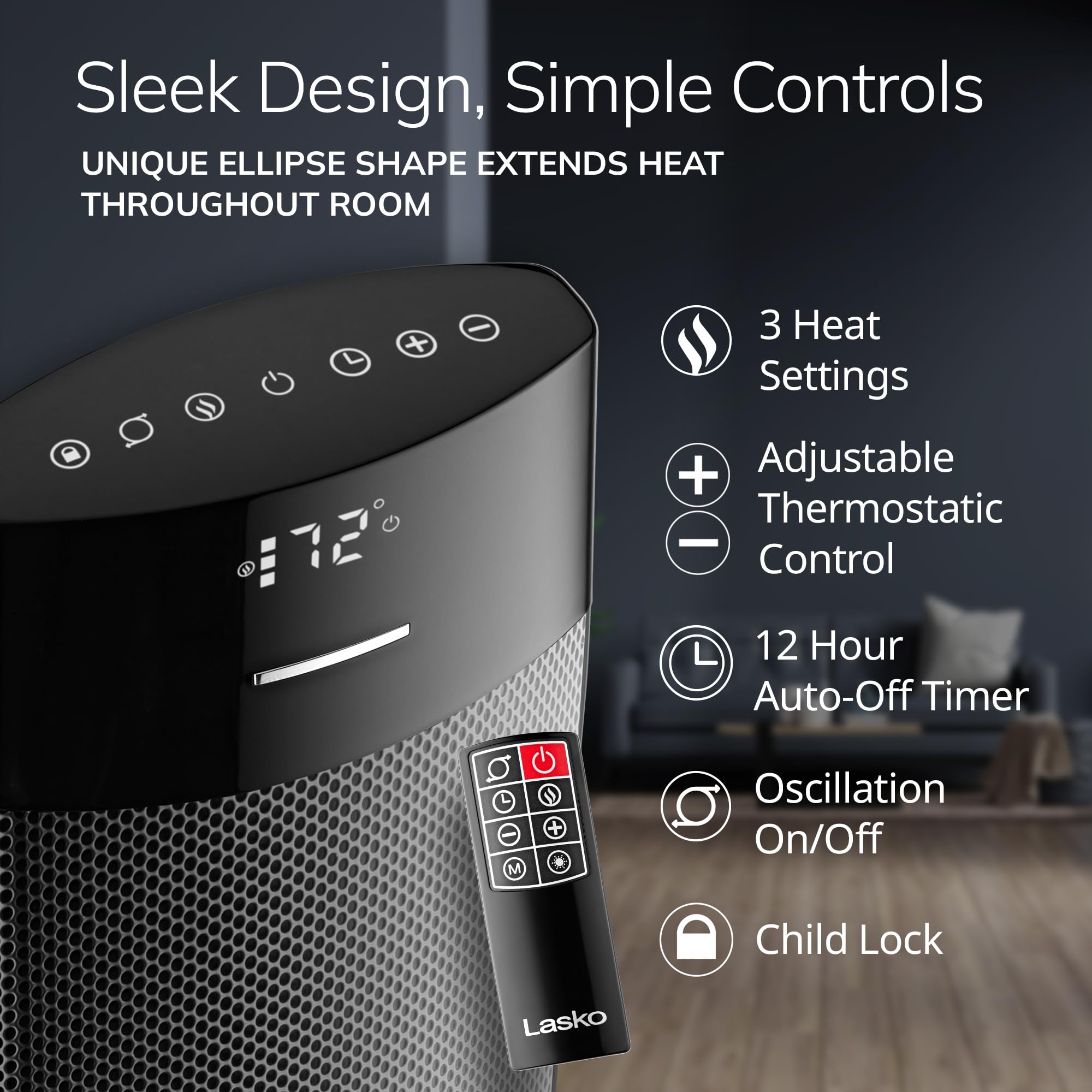 Lasko Ellipse Ceramic Tower Heater For Home With Tip Over Switch, Digital Display, Thermostat, Wide Oscillation, Remote, Timer,