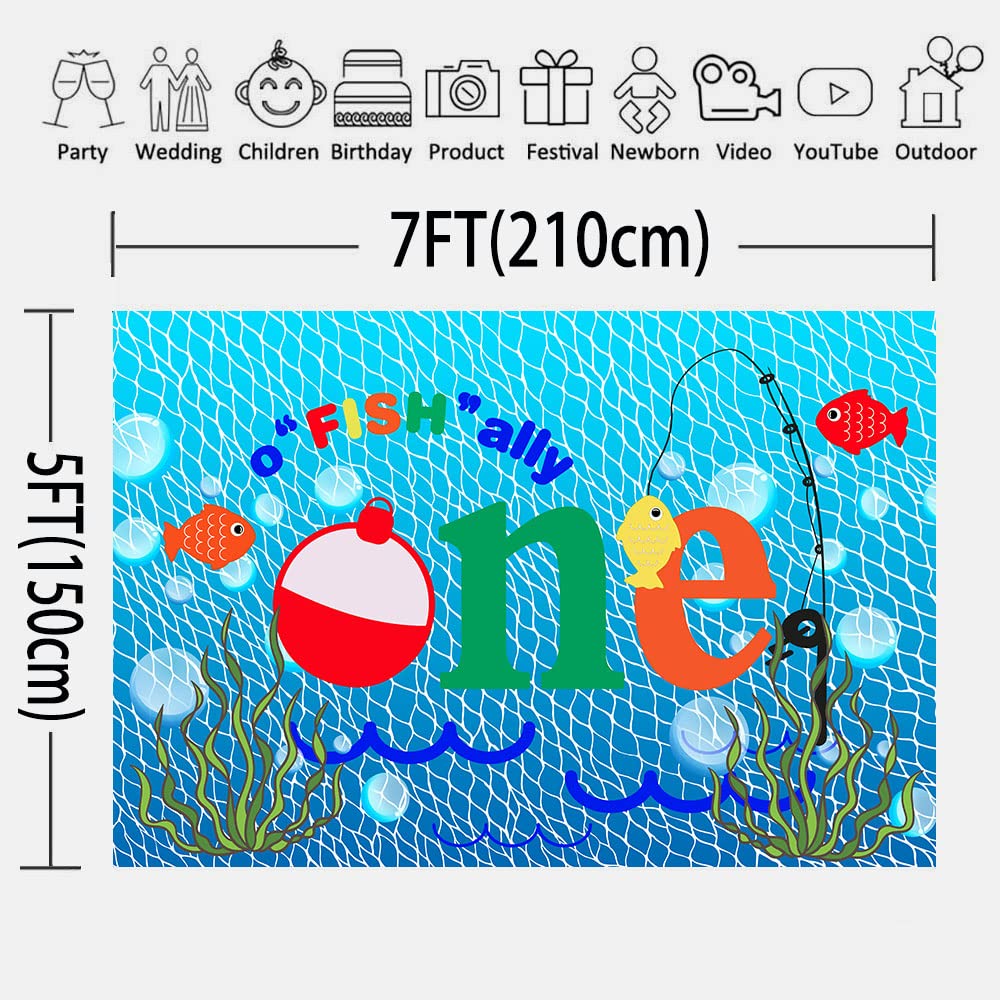 Gone Fishing 1St Birthday Party Photography Backdrop, 7X5Ft, O Fish Ally Blue Fishing Nets Bubbles Background, Photo Booth Studi