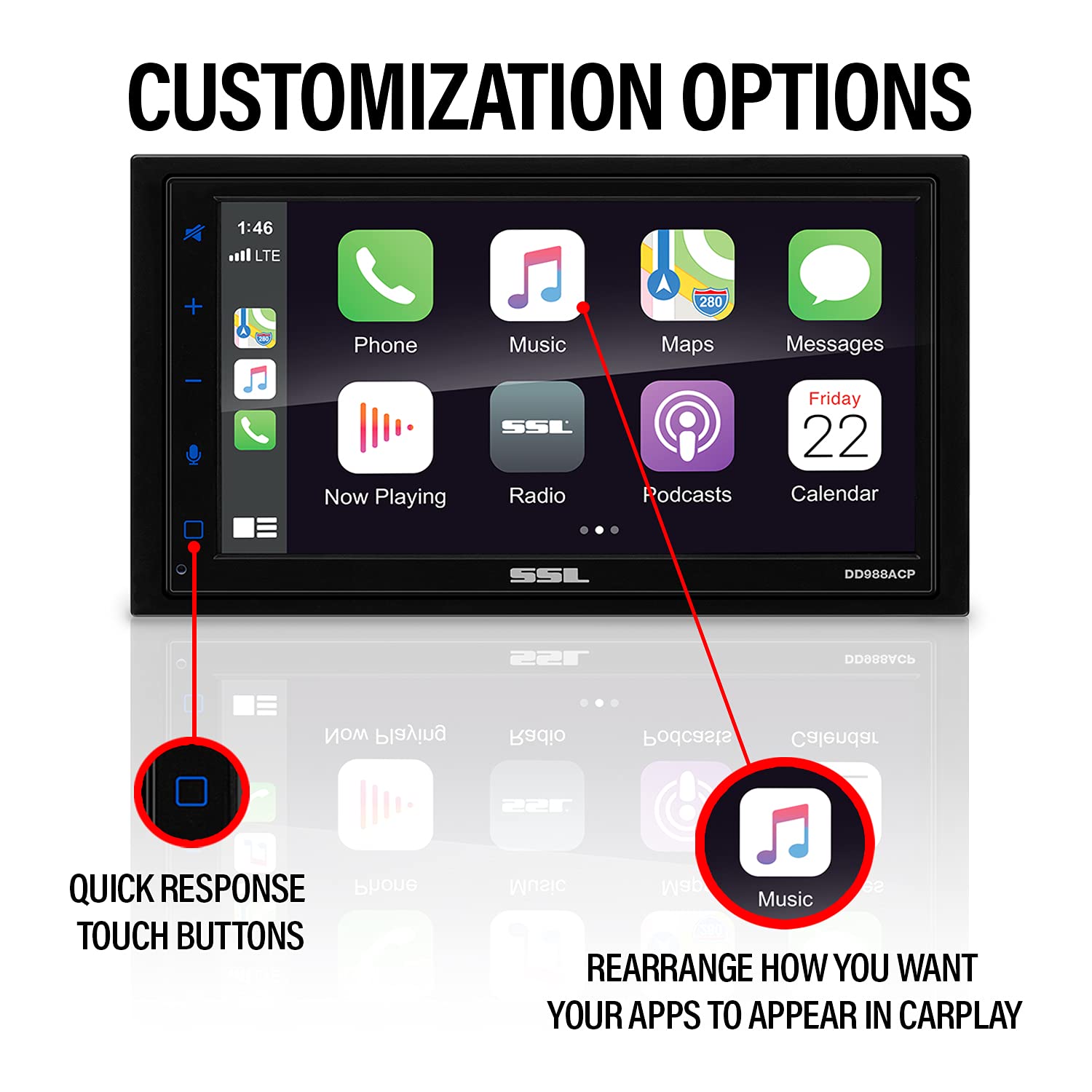 Sound Storm Laboratories Dd988Acp Car Audio Stereo System   Apple Carplay Android Auto, Double Din 6.75 Inch Capacitive Touchscr