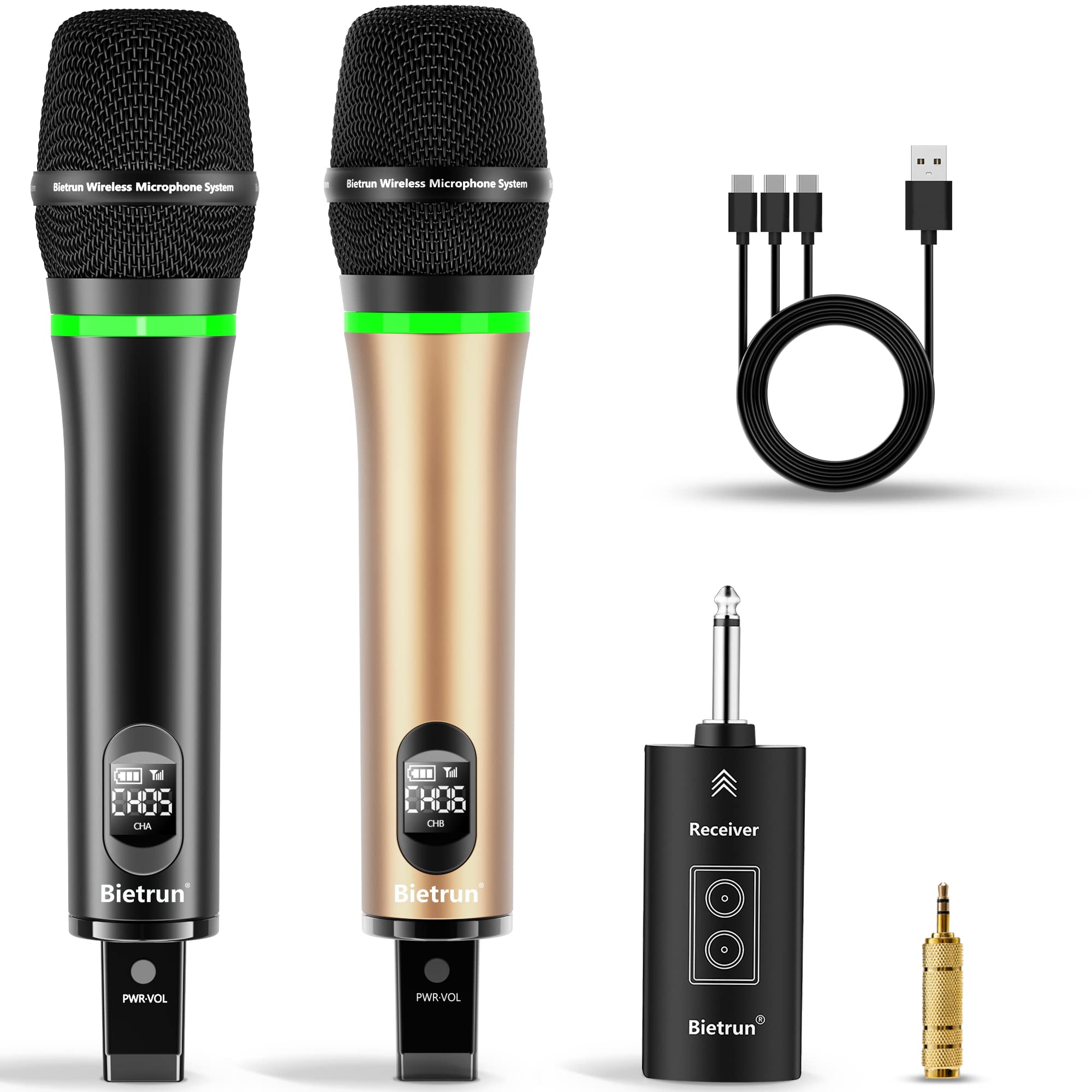 Bietrun Wireless Microphone, 240Ft Rechargeable Uhf Metal Dual Cordless Handheld Dynamic Mics With Bluetooth For Karaoke Machine