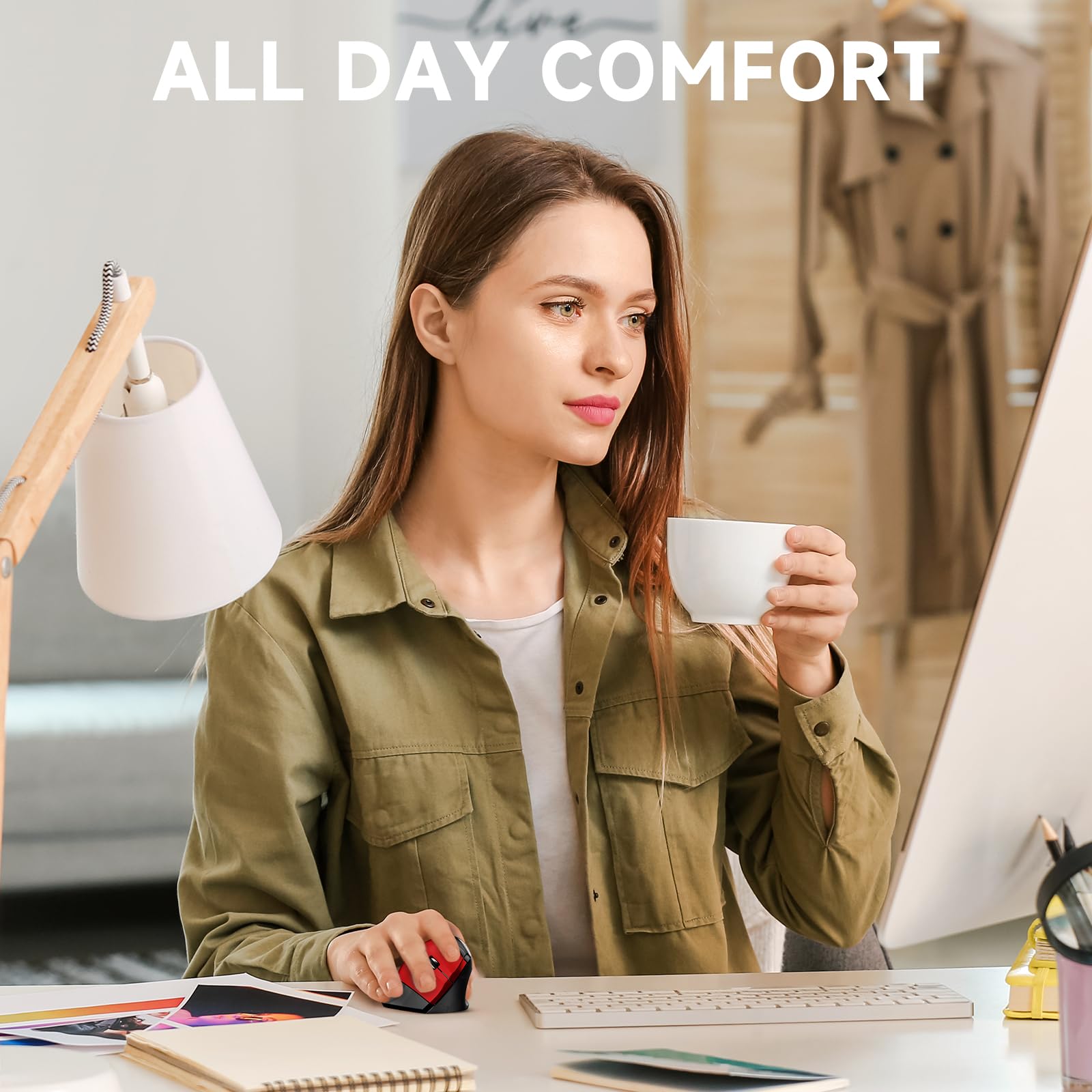 Memzuoix Wireless Ergonomic Mouse 2.4G,800/1200/1600 Dpi Large Wireless Mouse With Usb Receiver,Optical Cordless Mice For Computer,Laptop,Macbook,Desktop,Pc,6 Buttons,Red