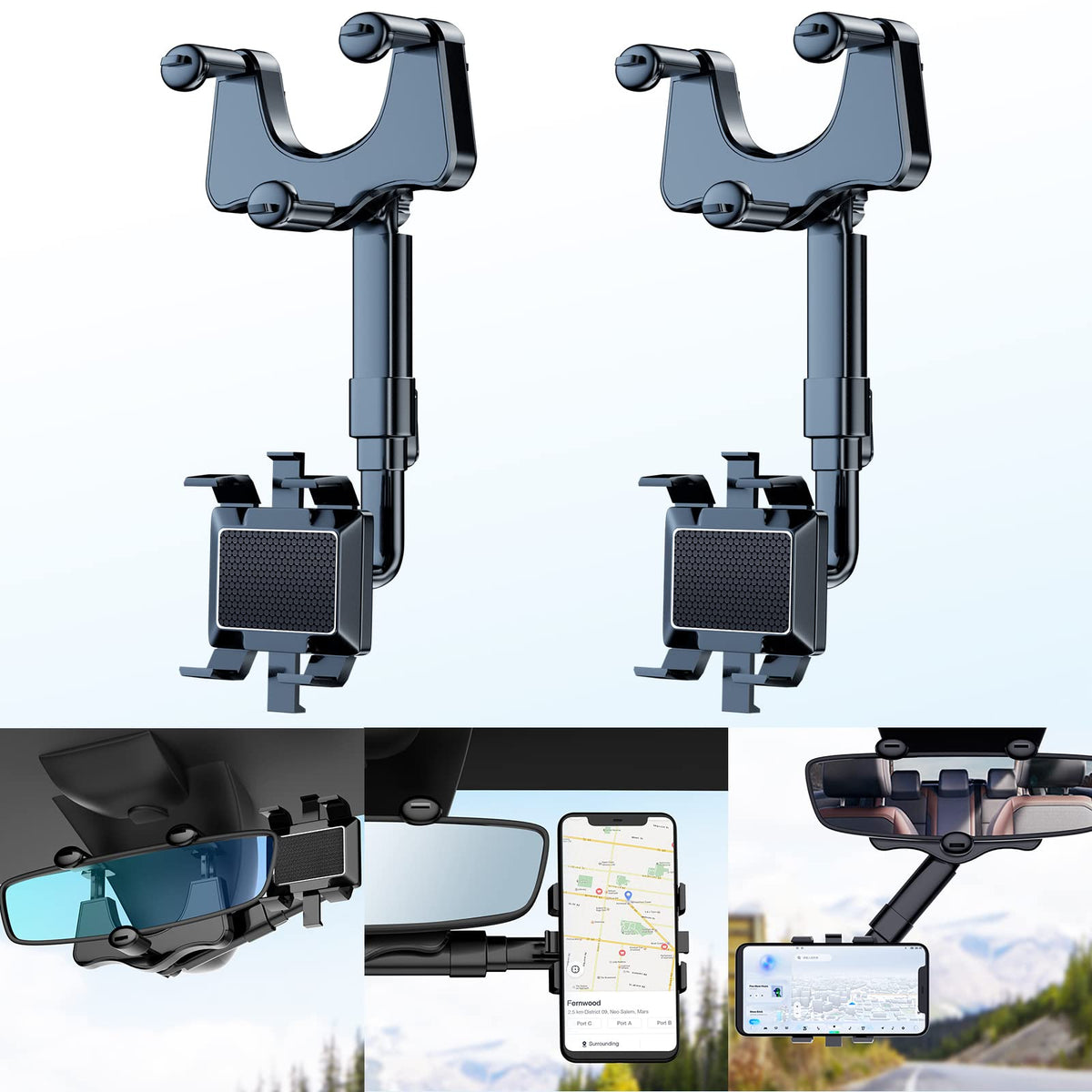 Fonken 2-Pack 360Rotatable And Retractable Car Phone Holder, ?New Version? Multifunctional Rearview Mirror Phone Holder Universa