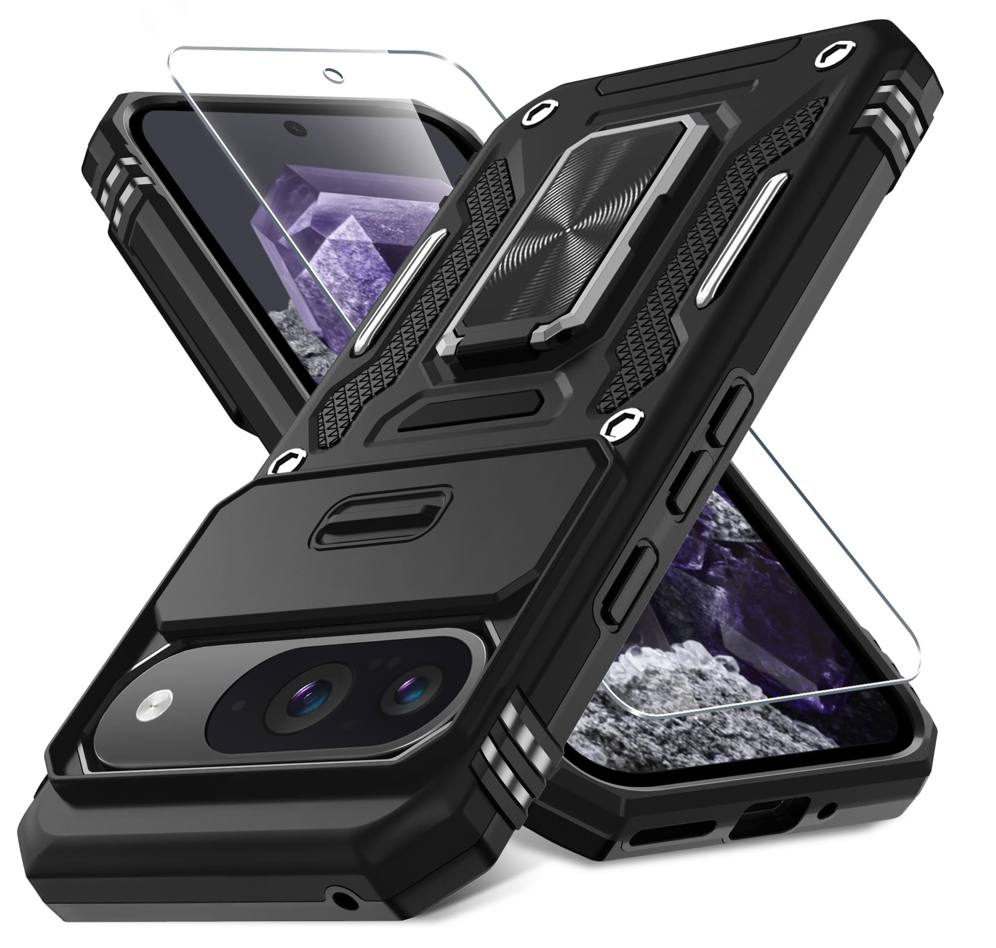 Deerlamn Case For Google Pixel 9/9 Pro With Slide Camera Cover+Screen Protector(1 Pack), Rotated Ring Kickstand Military Grade S