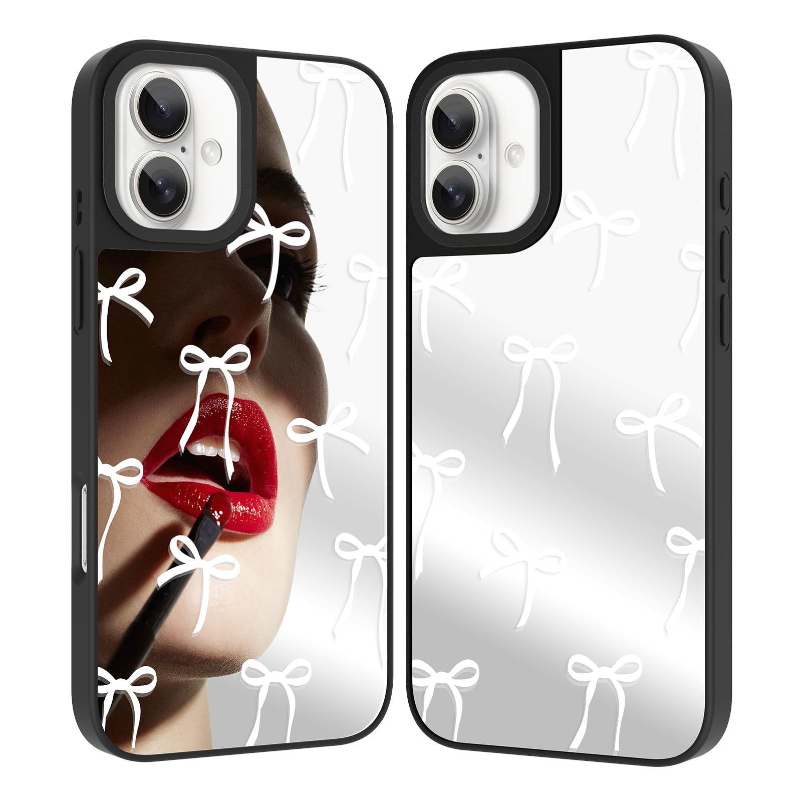 Ziye Mirror Case For Iphone 16 Plus Case,Cute Mirror White Ribbon Bow Pattern For Women Girls Slim Anti-Drop Shockproof Protecti