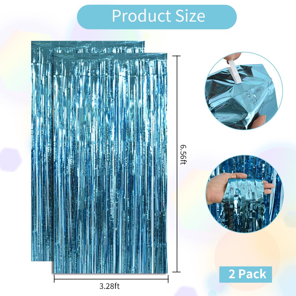 Beishida 2 Pcs Light Blue Door Streamers Tinsel Curtain Party Backdrop Fringe Foil Wall Background For Birthday Halloween Christ
