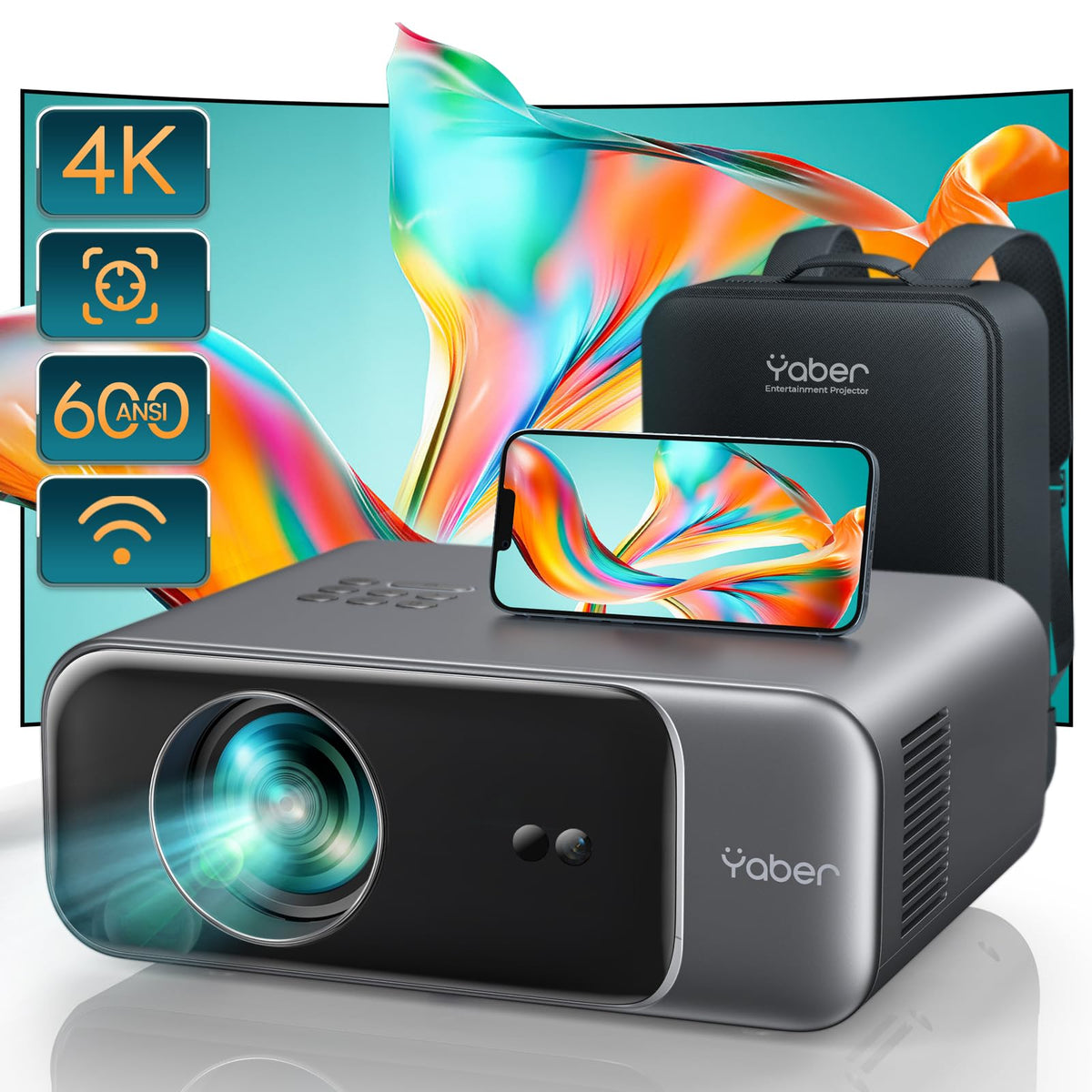 [Auto Focus/4K Support] Projector With Wifi 6 And Bluetooth 5.2, Yaber Pro V9 600 Ansi Native 1080P Outdoor Movie Projector, Aut