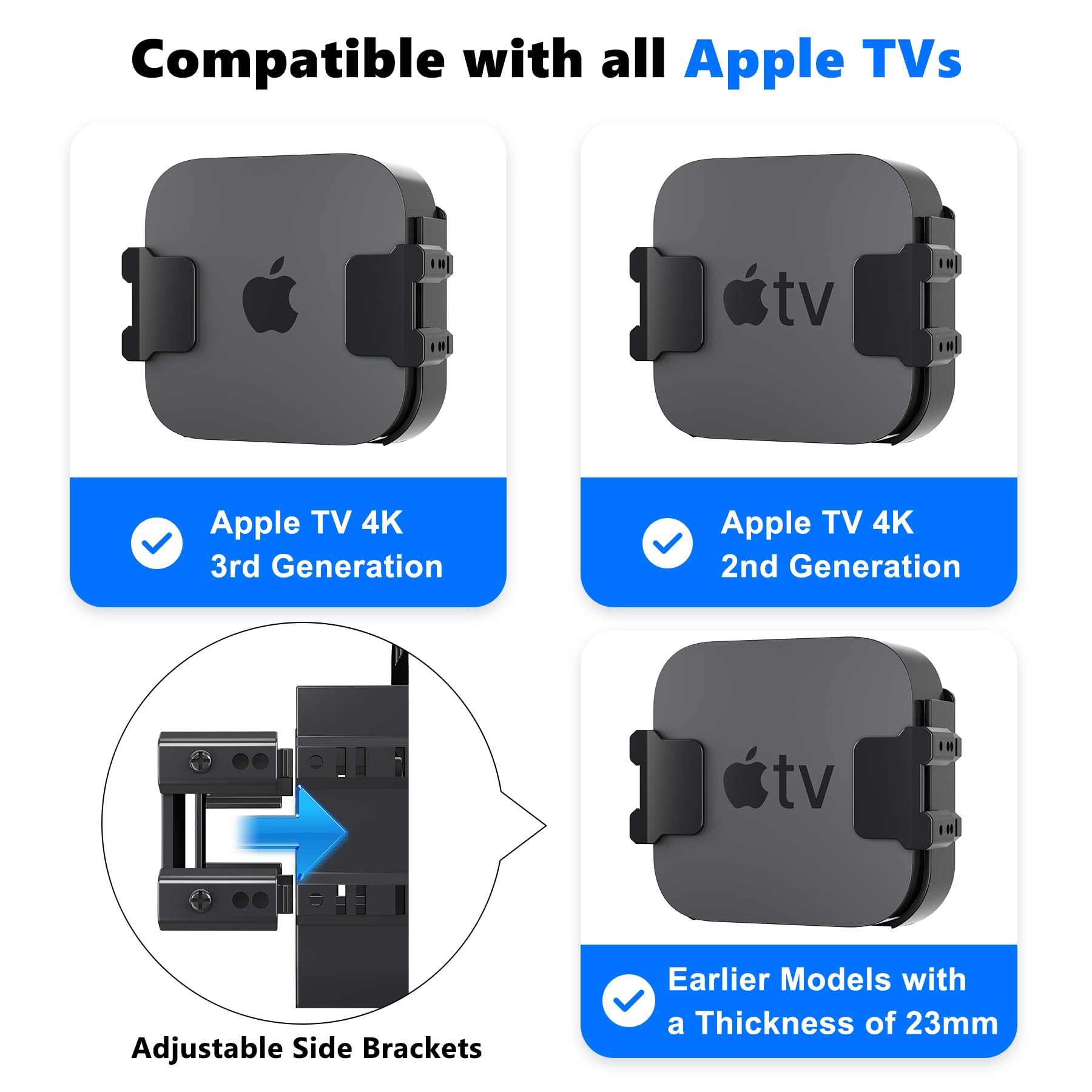 Behind Tv Apple Tv Mount, Apple Tv Bracket Holder For Wall And Back Of All Brand And Size Television, Compatible With All Apple Tv Generations (Including All Apple Tv 4K Models)