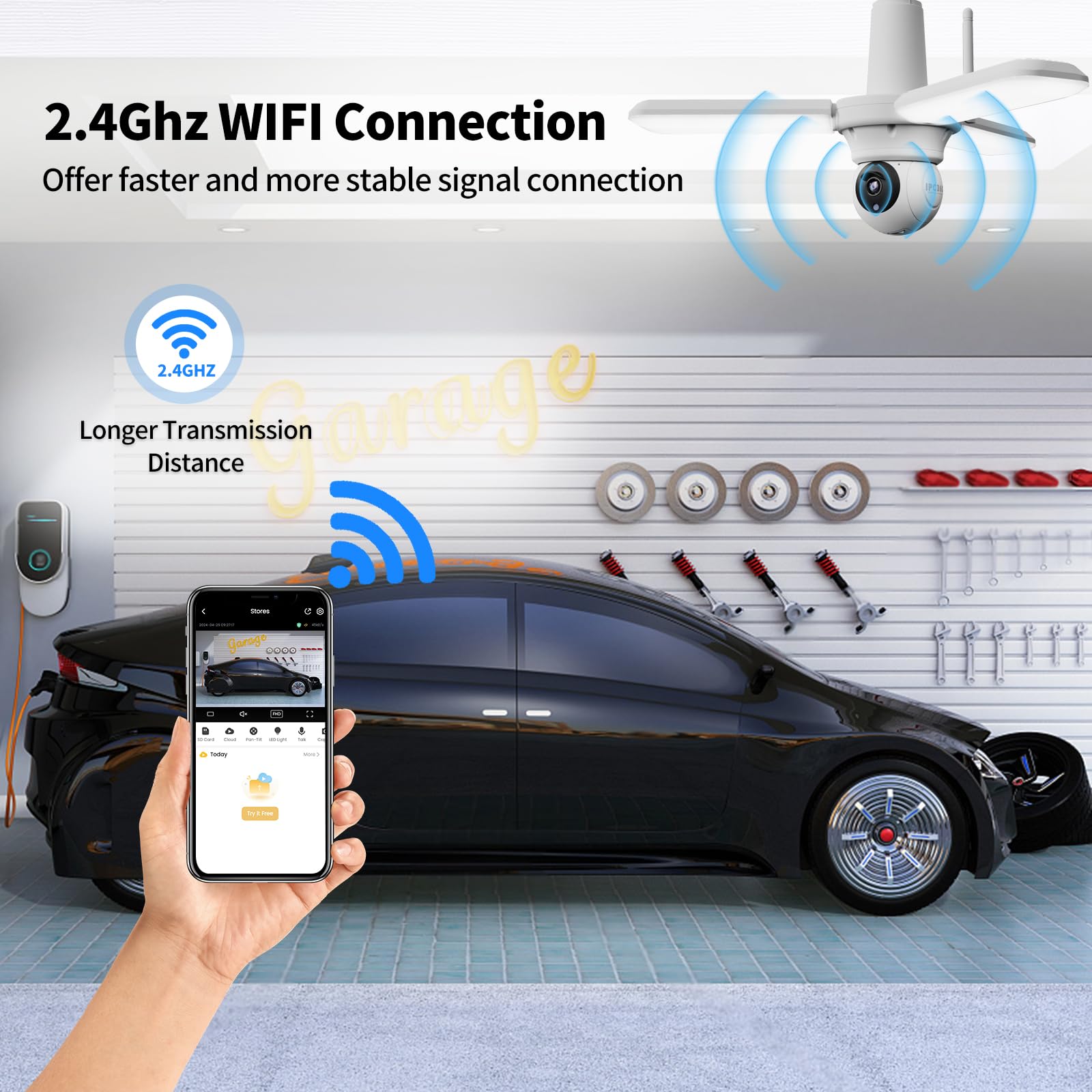 Ohbet Led Garage Light Bulb Camera, Floodlight Security Camera With 3 Adjustable Panels Smart Ai Human Detection Screw In E26 Ba