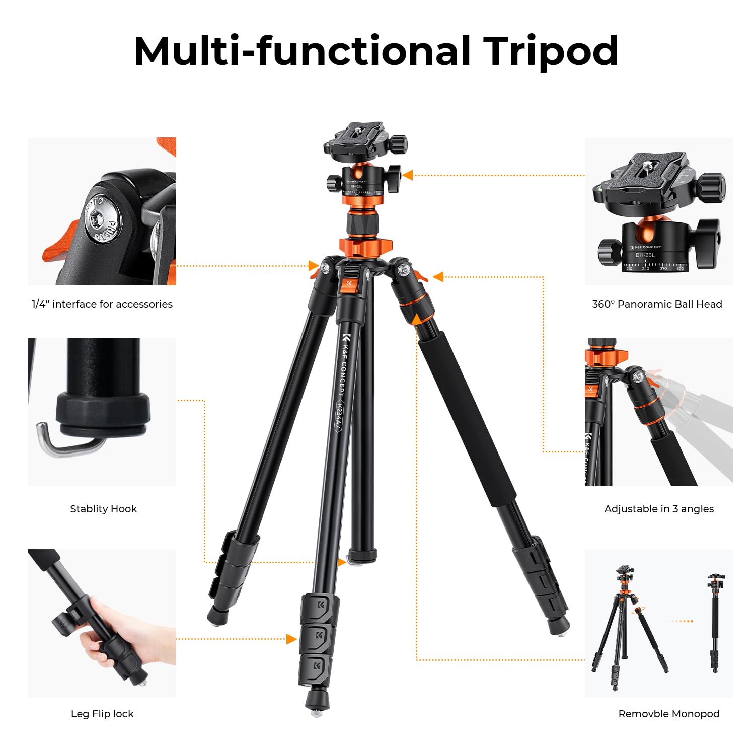 K&F Concept 78 Inch Camera Tripod For Dslr Compact Aluminum Tripod With 360 Degree Ball Head And 10Kg Load For Travel And Work K234A7+Bh 28L (S210)