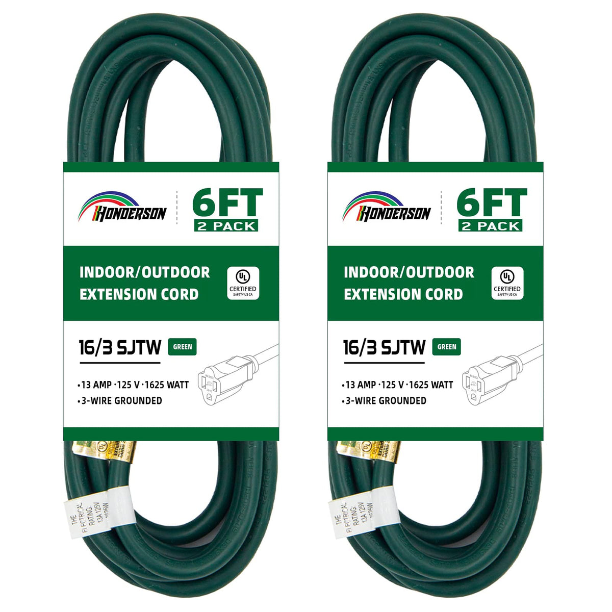 Honderson 2 Pack 6Ft Outdoor Extension Cord 16/3 Sjtw Durable Green Extension Cable With 3 Prong Grounded Plug For Safety,Great