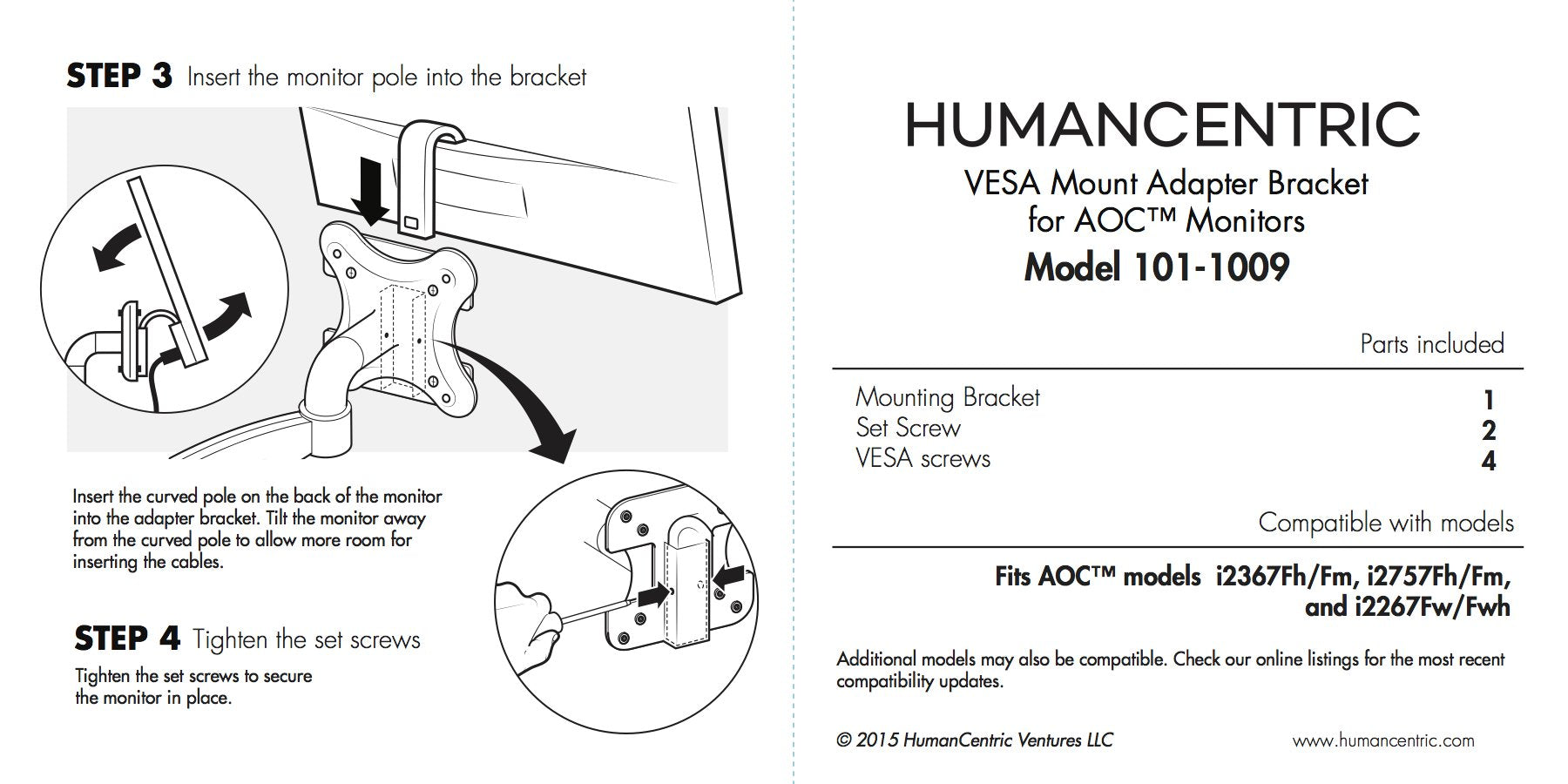 Humancentric Vesa Mount Adapter Bracket Compatible With Aoc I2367Fh/Fm/F, I2757Fh/Fm, I2067F, And I2267Fw/Fwh