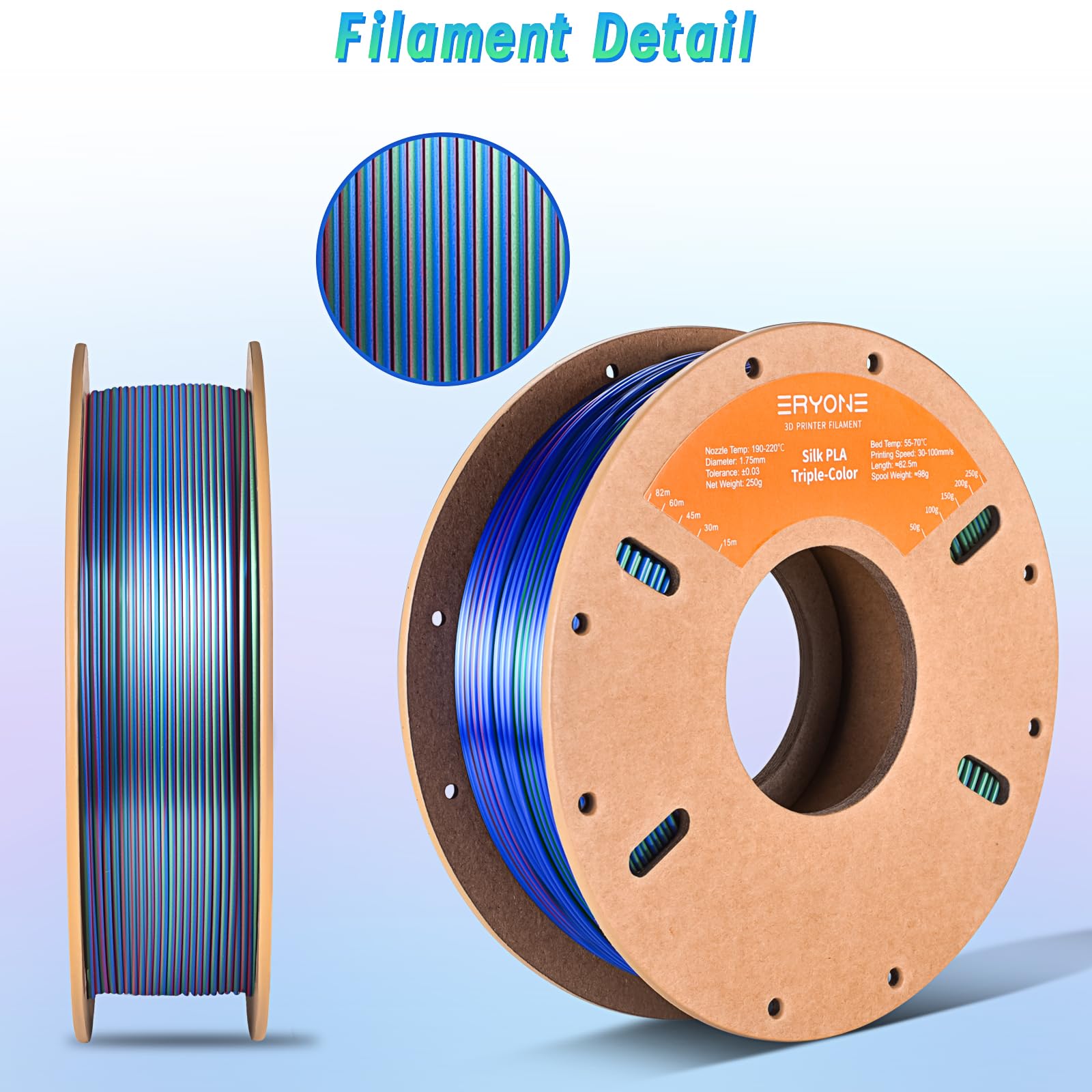 ERYONE 3D Printer Silk Tri Color PLA Filament 1.75mm 250G - Red Blue Green
