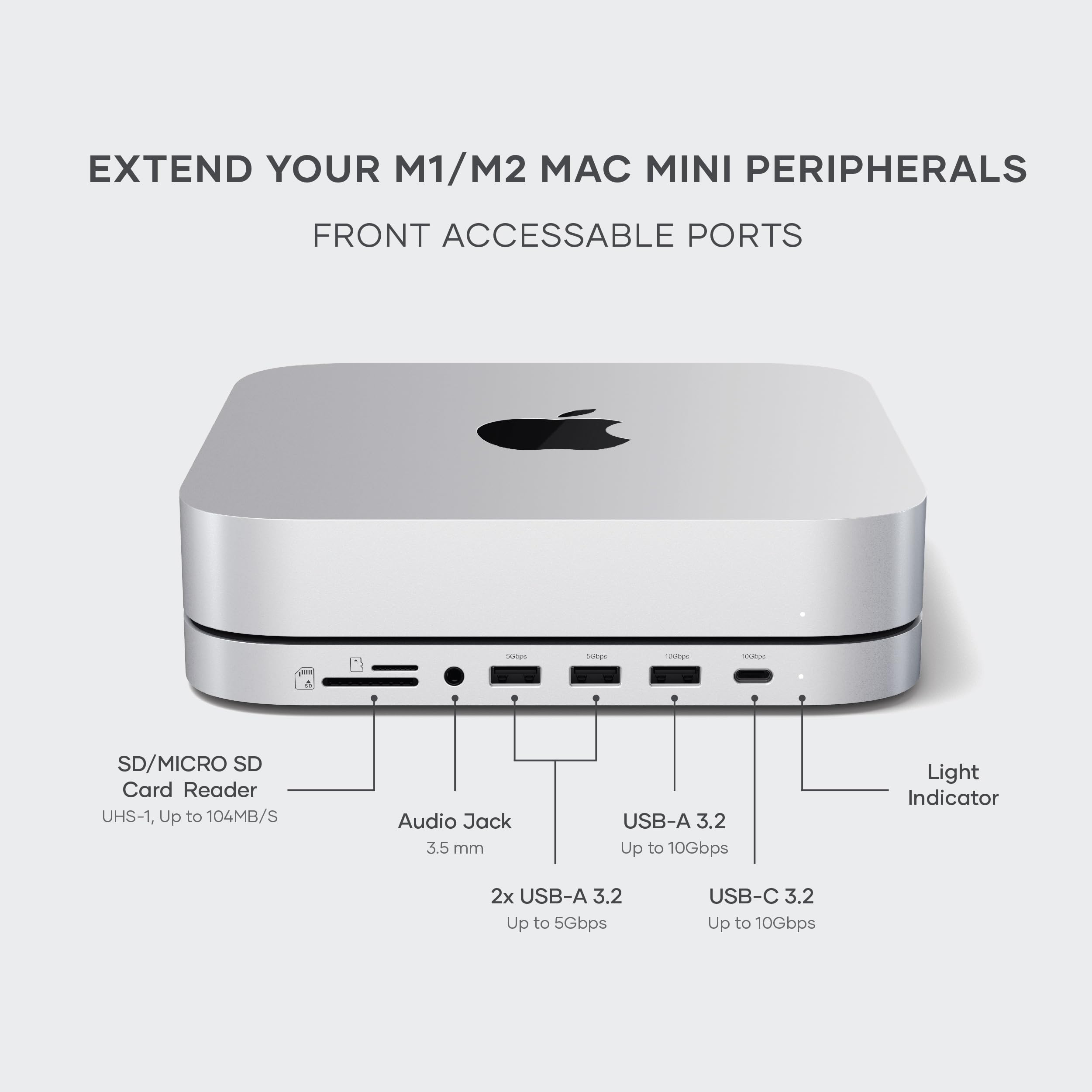 Satechi Mac Mini Hub & Stand - SSD Enclosure, USB C 10Gbps, 3 USB A, Audio Jack - Silver, Model ST-GMMSHS
