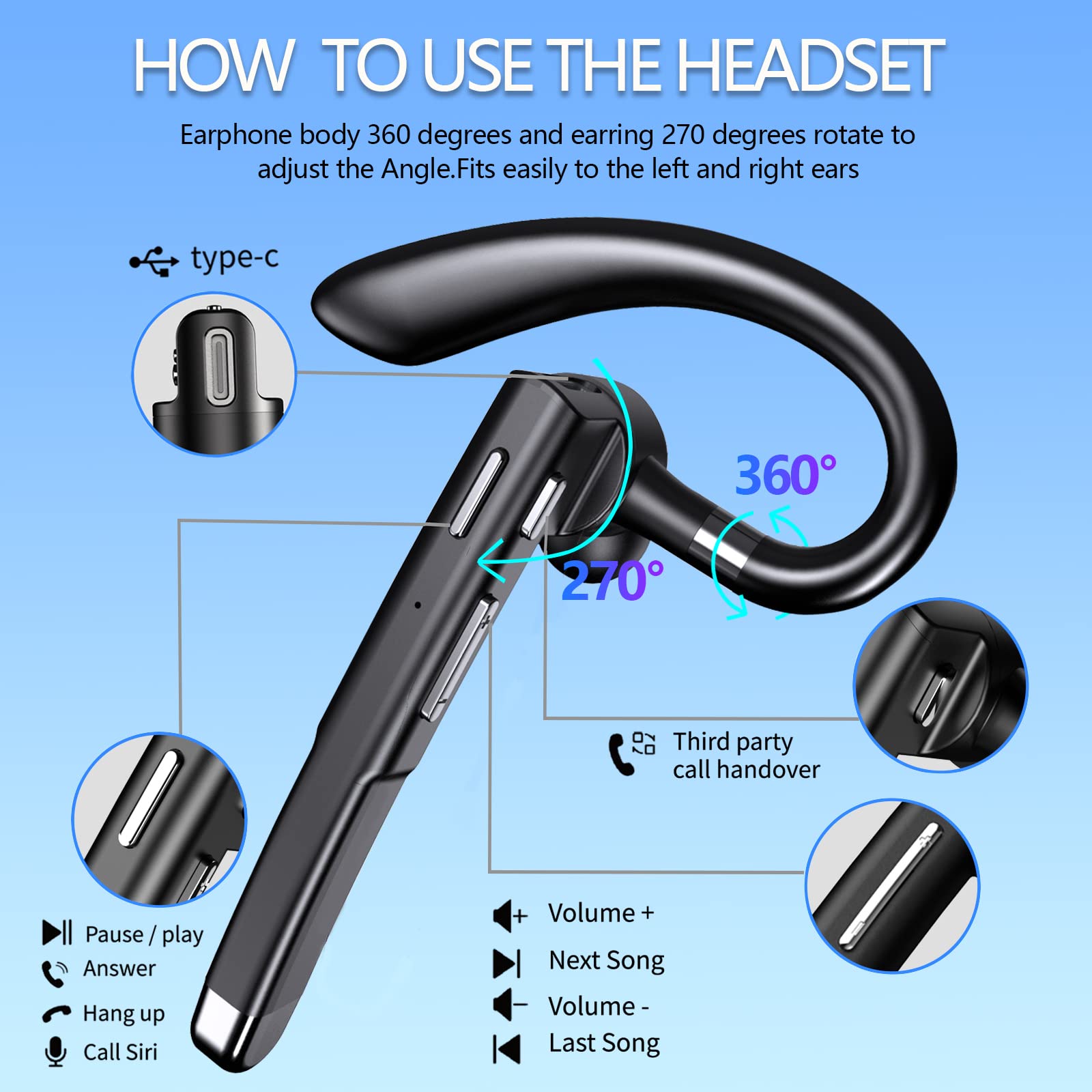 Hsility Bluetooth Headset For Cell Phones 500Hrs Standby Time With Led Charging Case 270 Degrees Rotatable Mic Hands Free Blueto