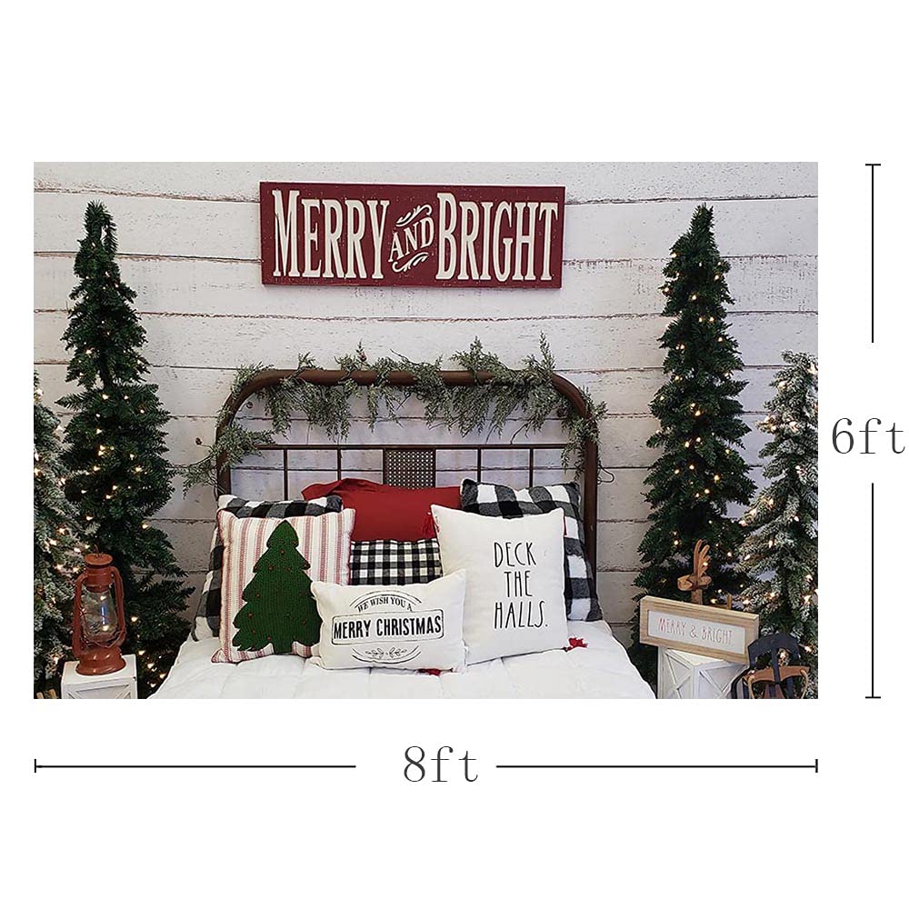 Mehofond 8X6Ft Christmas Photography Background Merry And Bright Christmas Tree Retro Wood Wall Headboard Bed Indoor Backdrops Winter Xmas Family Party Decoration Banner Child Photo Portrait Props