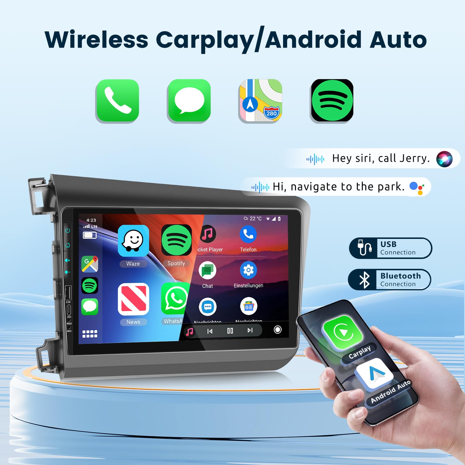 For Honda Civic 2012 2013 2014 2015 Android Car Stereo With Wireless Carplay Android Auto 2G+64G Wifi Gps Navigation Radio Player Android Auto 9� Touchscreen Audio Backup Camera Multimedia Head Unit