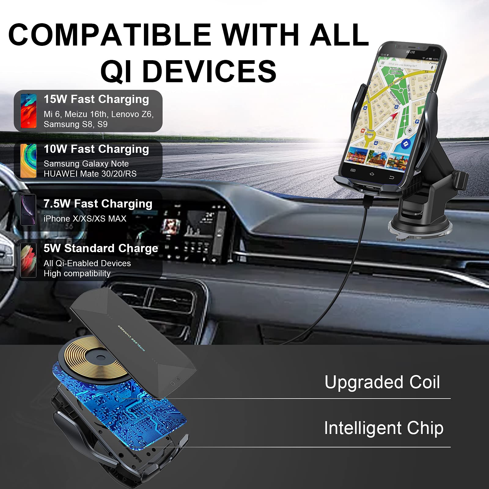 Wireless Car Charger Mount, 15W Qi Fast Charging Auto-Clamping Cell Phone Car Holder Air Vent Windshield Dashboard Long Arm Suct