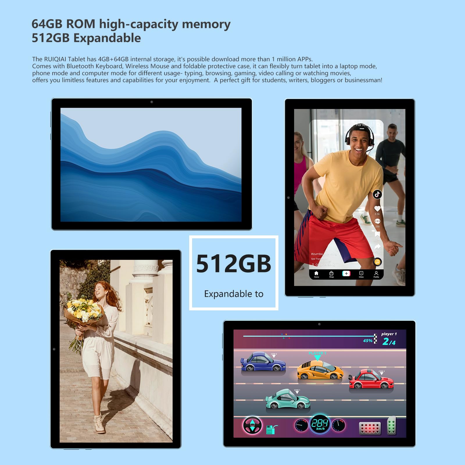 Ruiqiai 2024 Newest Android 13 Tableta, 2 In 1 Tablet 10 Inch,Computer Tablet, With Keyboard Case, 8Gb+64Gb Rom/1Tb Computer Tab