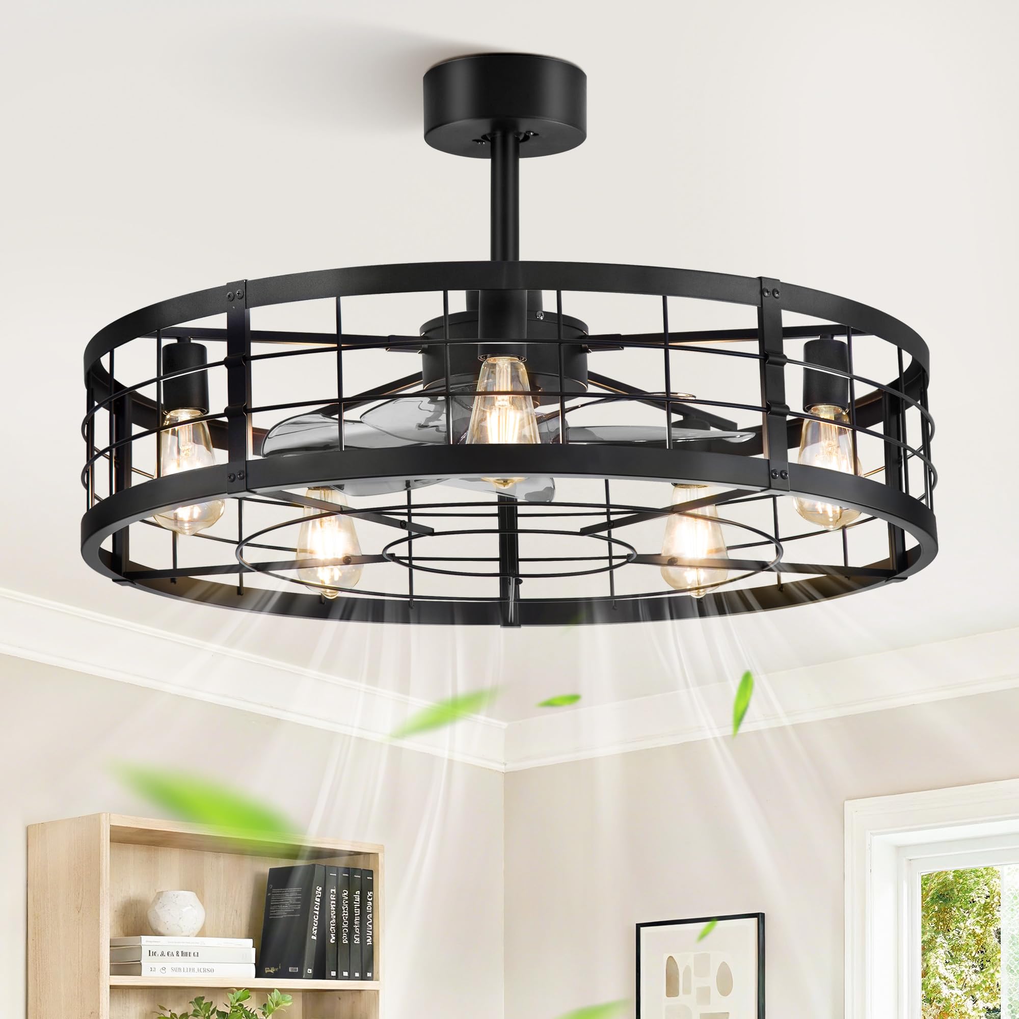 LEDIARY 30 inch Fandelier Caged Ceiling Fan with Light, Bladeless Ceiling Fan with Remote, Farmhouse Fan Lights Ceiling Fixtures