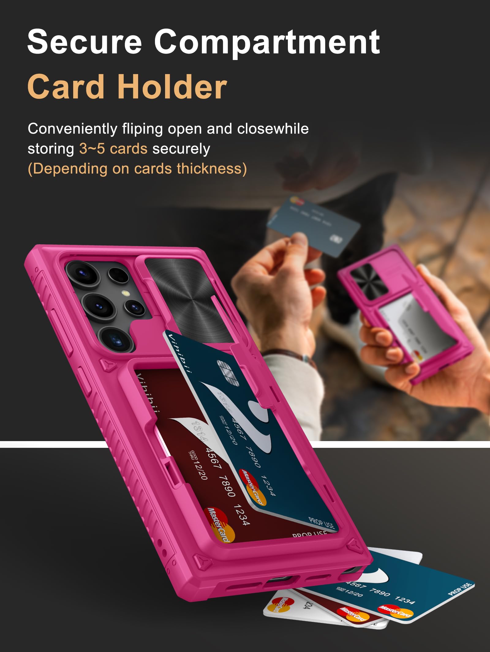 Vihibii For Samsung Galaxy S24 Ultra Case With Card Holder (4 Cards) & Slide Camera Cover & Kickstand, Shockproof Rugged Hard Ba