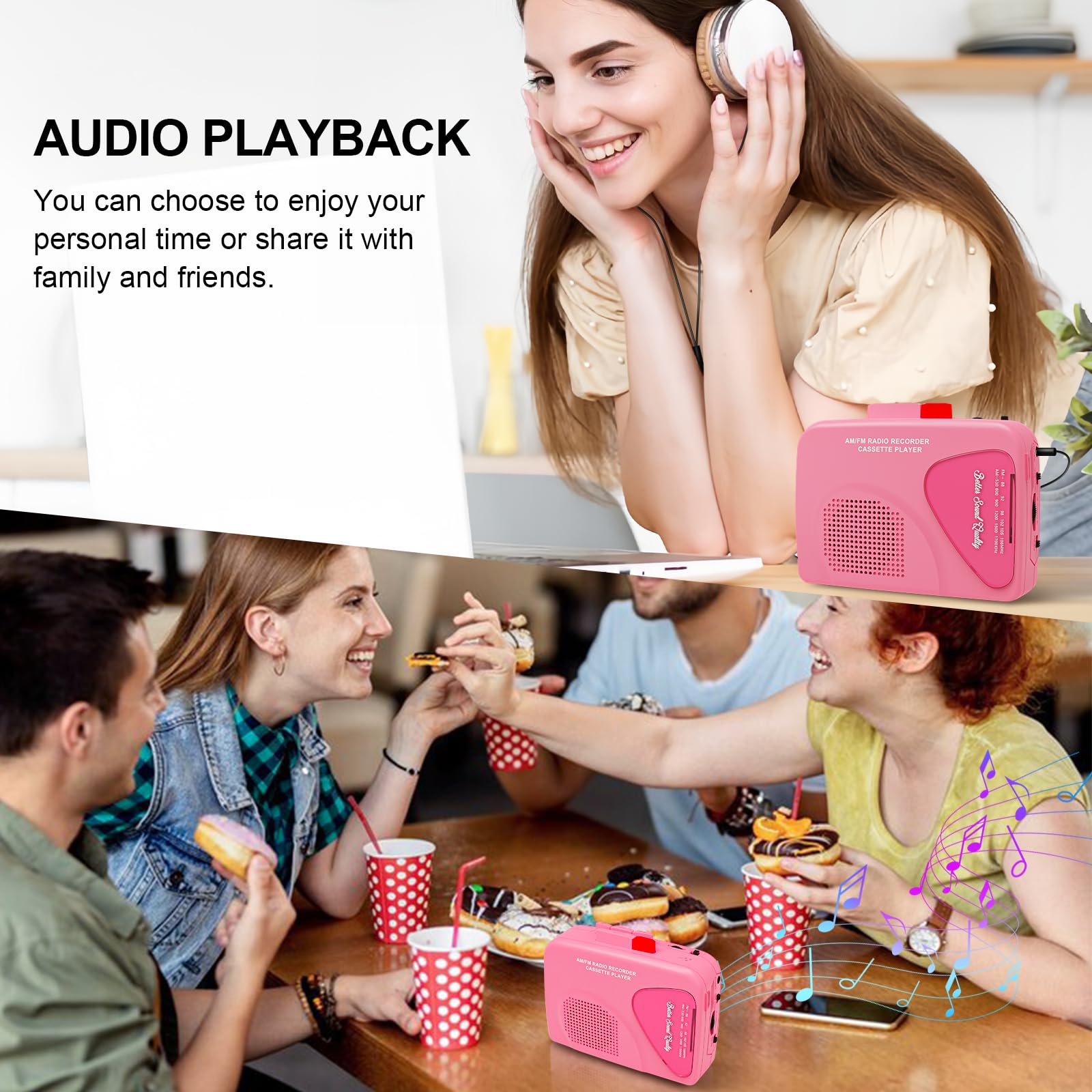 Portable Cassette Player Recorder With Am/Fm Radio, Built-In Speaker & Headphone Jack, Belt Clip Included-Pink
