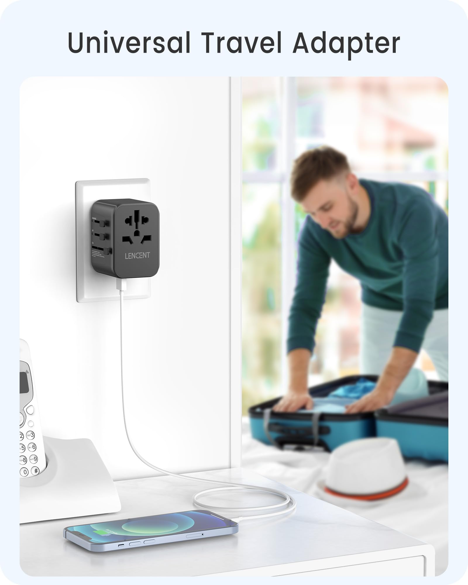 Lencent Universal Travel Adapter, Gan Iii 30W International Charger With 2 Usb Ports & 3 Usb C Pd Fast Charging Adaptor, Worldwi