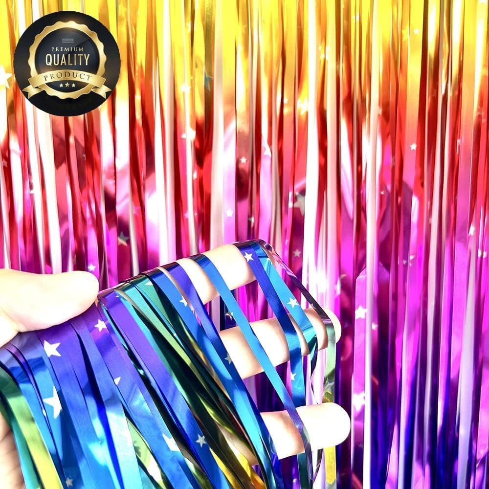 Pack Of 4 Sparkling Neon Rainbow Foil Fringe Curtain Backdrop Metallic Streamers Photo Booth Props For Birthday Bachelorette Gay