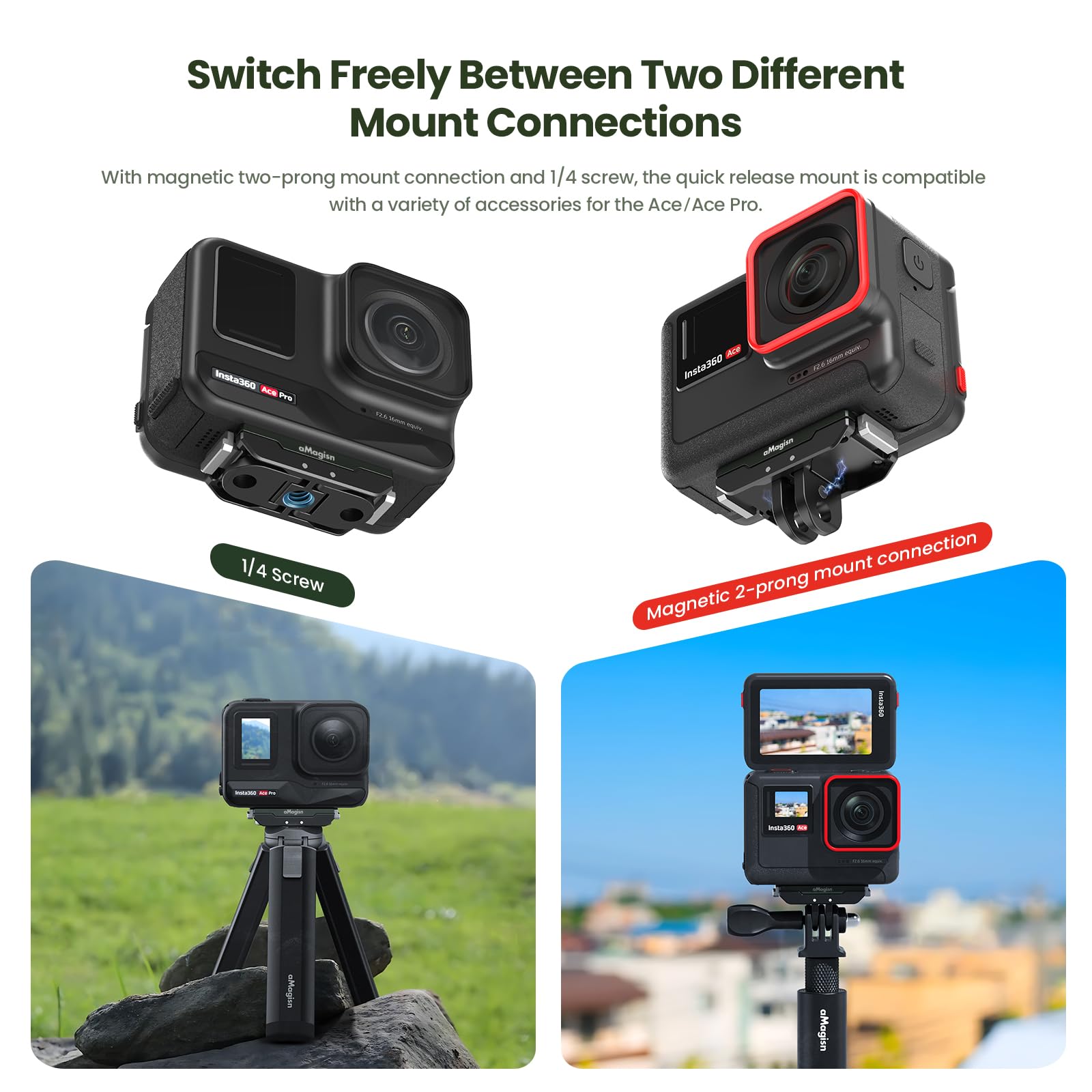 Gaekol Insta360 Ace Pro Quick Release Mount, Snap On Magnetic 2 Prong Mount And 1/4 Thread Mount For Insta360 Ace Pro / Insta360