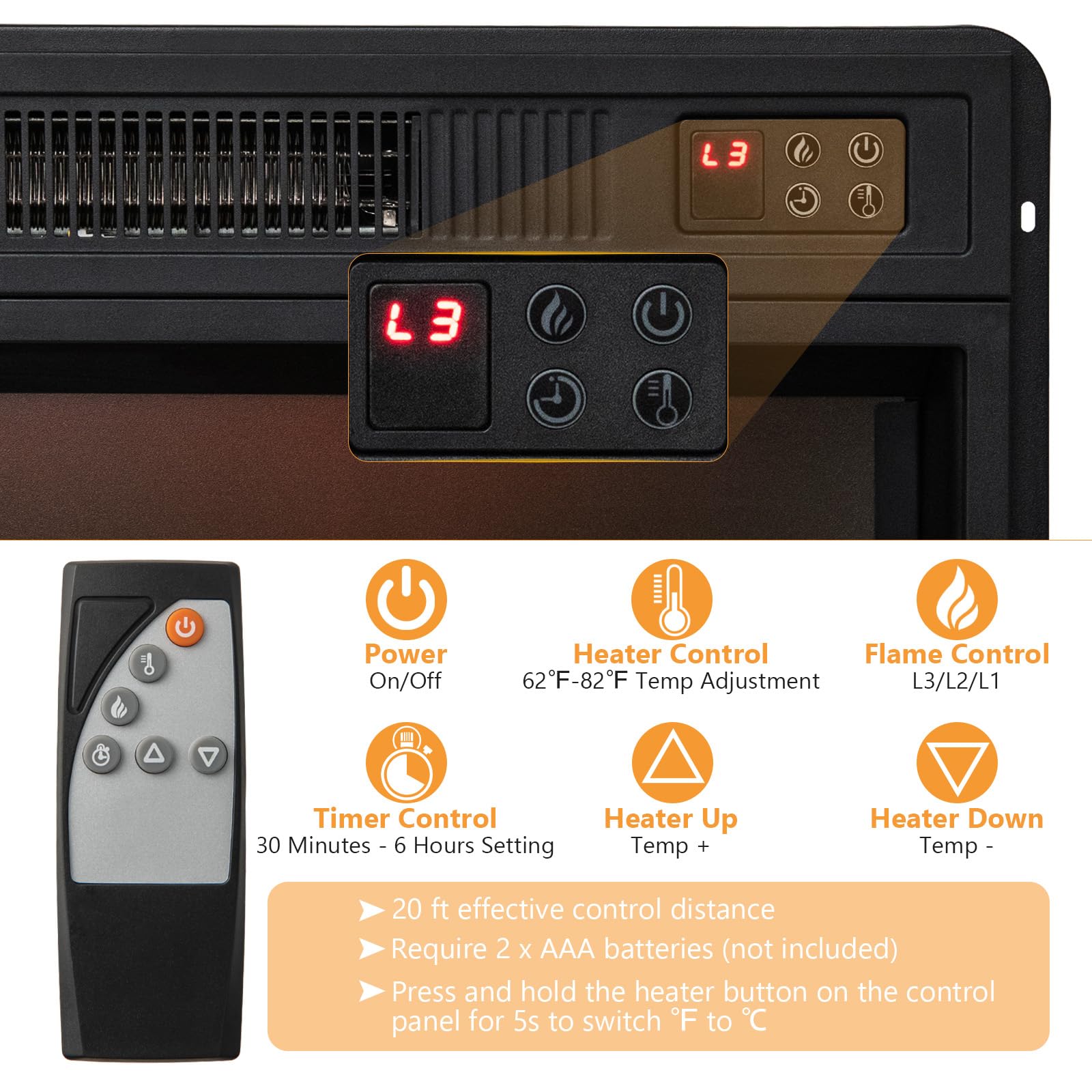 Tangkula Fireplace Tv Stand For Tvs Up To 65 Inch, 23 Inches Electric Fireplace With Remote Control, Overheat Protection, 3 Leve
