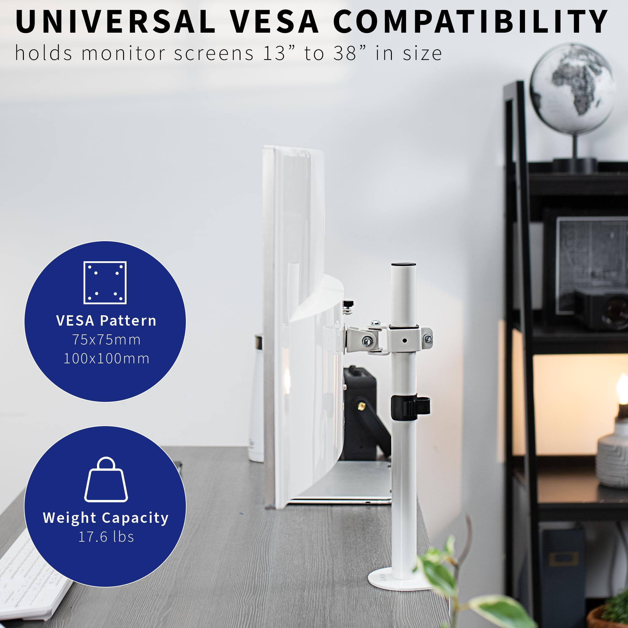 VIVO Single 13 to 38 inch LCD Monitor Heavy Duty Desk Mount Stand, Holds 1 Standard to Ultrawide Screen up to 38 inches, White, STAND V001CW