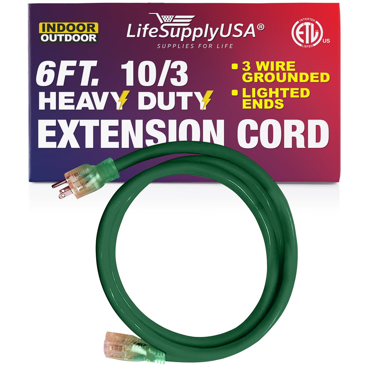 6 Ft Power Extension Cord Outdoor & Indoor Heavy Duty 10 Gauge/3 Prong Sjtw (Green) Lighted End Extra Durability 15 Amp 125 Volt