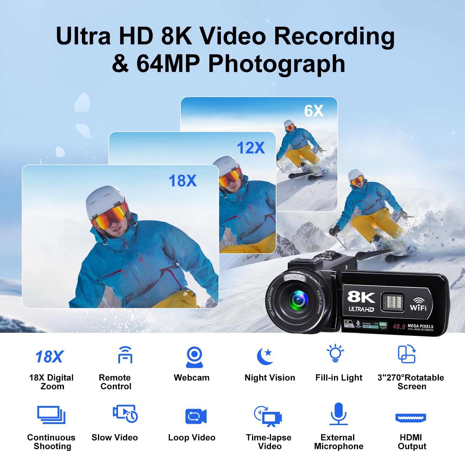 Ourlife 8K Video Camera Camcorder, Uhd Digital Camcorder 8K/15Fps 4K/60Fps 5K 6K/30Fps Adjustable, 3 Touch Screen 18X, 64Mp Phot