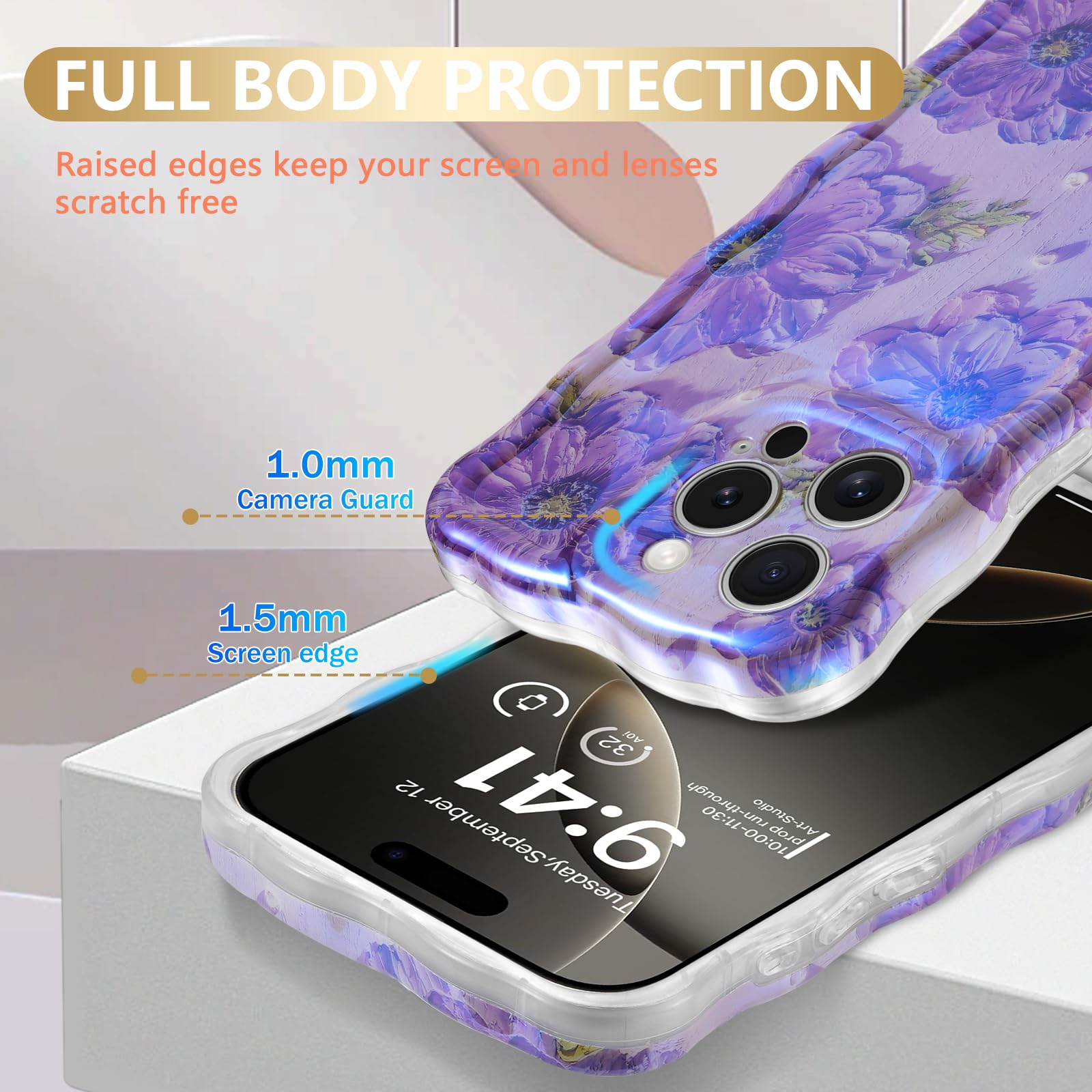 Sheheme For Iphone 13 Pro Case [With 9H Screen Protectors] Wave Bumper Colorful Oil Painting Flowers Print Blue Glossy Soft Tpu