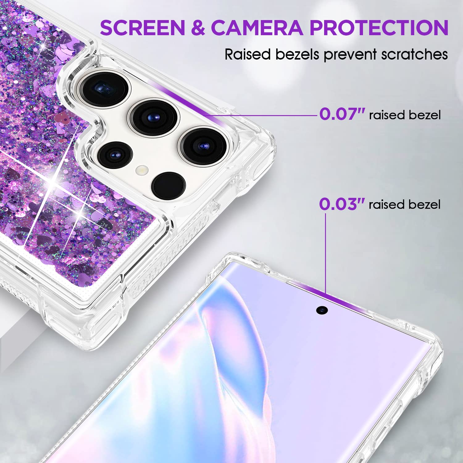 Anshow For Samsung Galaxy S23 Ultra 5G Case Glitter, Shockproof Clear Tpu Case For Galaxy S23 Ultra Case, Bling Purple Glitters
