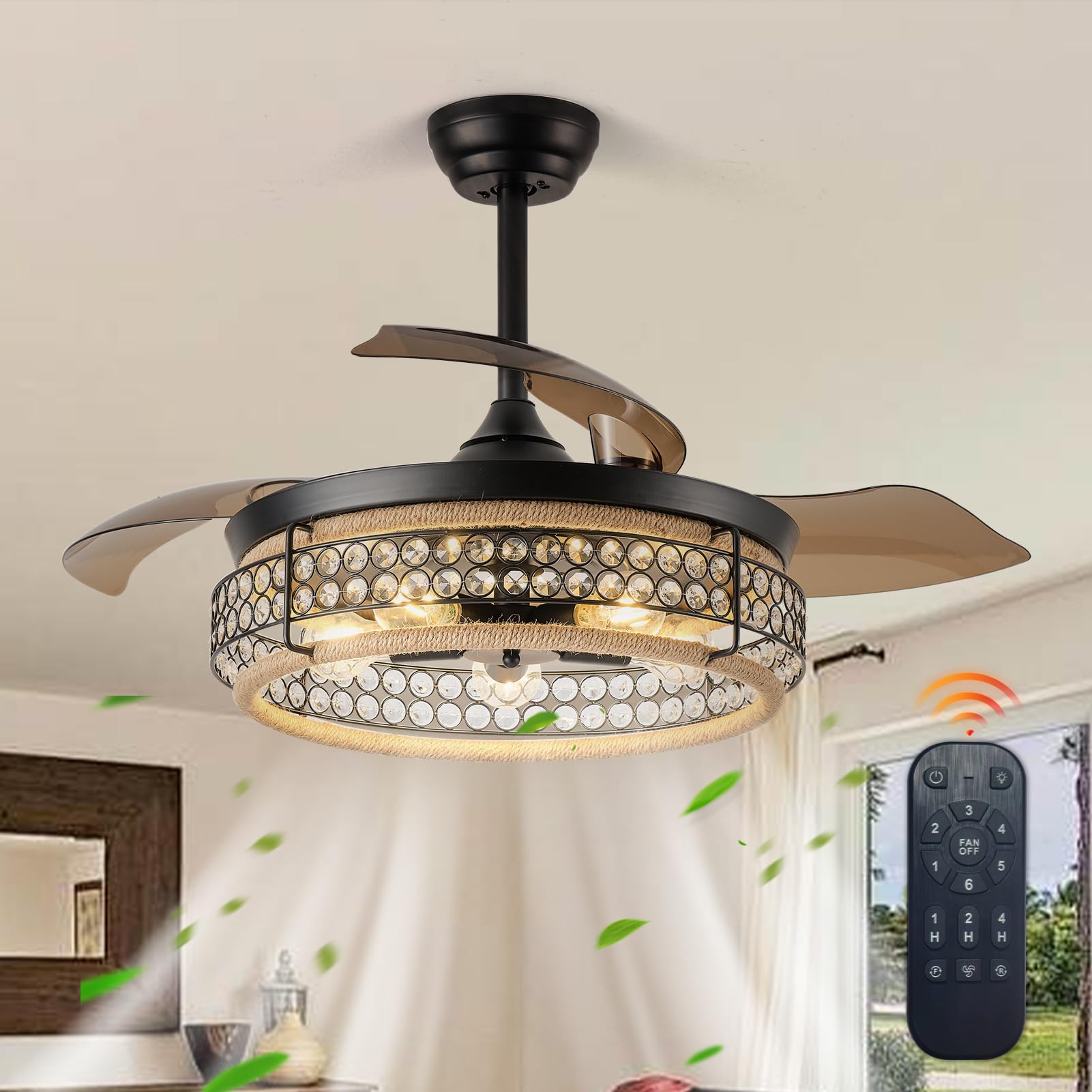 48 Inch Retractable Ceiling Fans With Lights And Remote, Industrial Black Fandelier With 3 Retractable Abs Blades, Invisible Cry