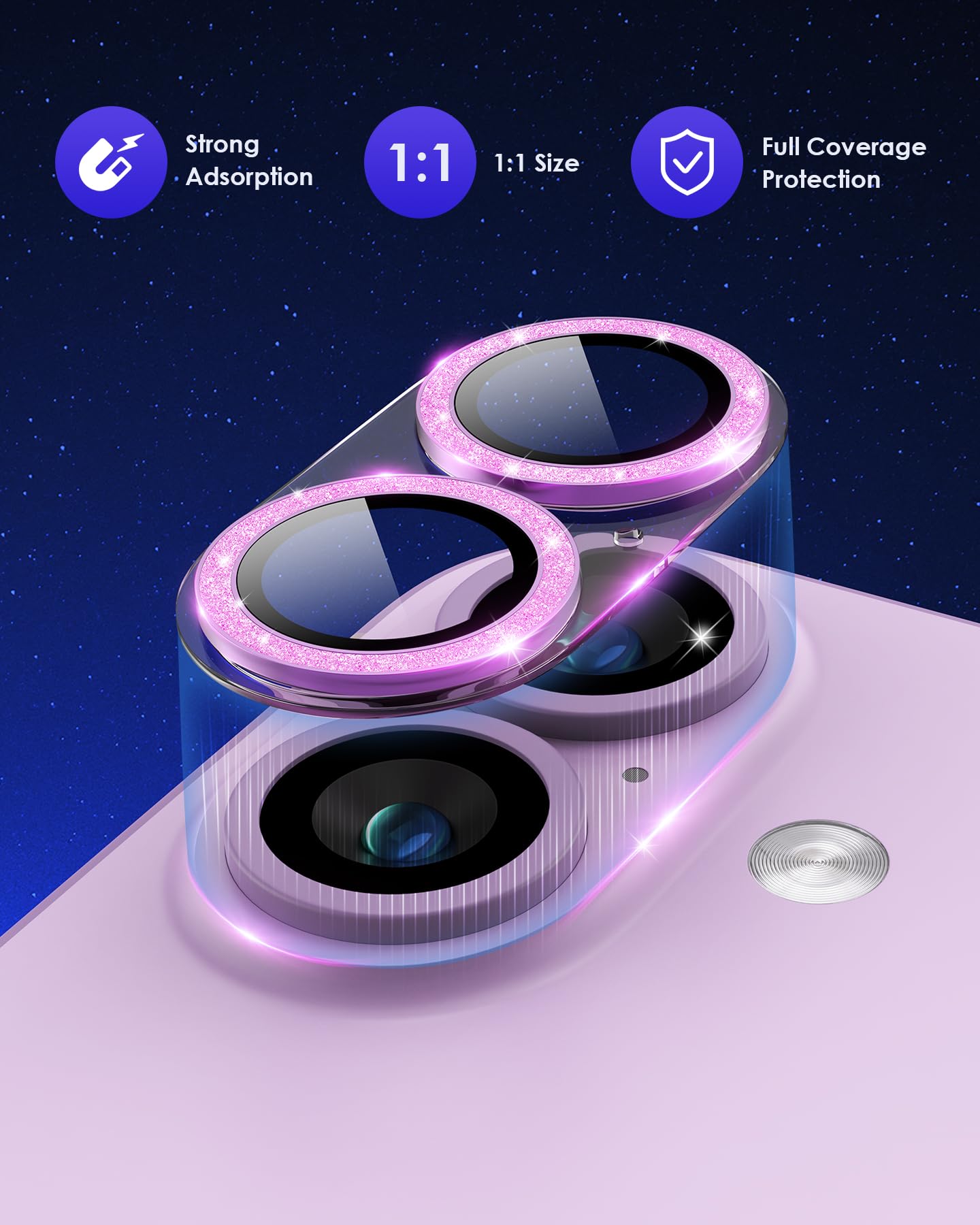 Kanosan For Iphone 16 Plus/Iphone 16 Camera Lens Protector Glitter, Clear Acrylic Plus Aluminium Alloy Ring 9H Tempered Glass Sc