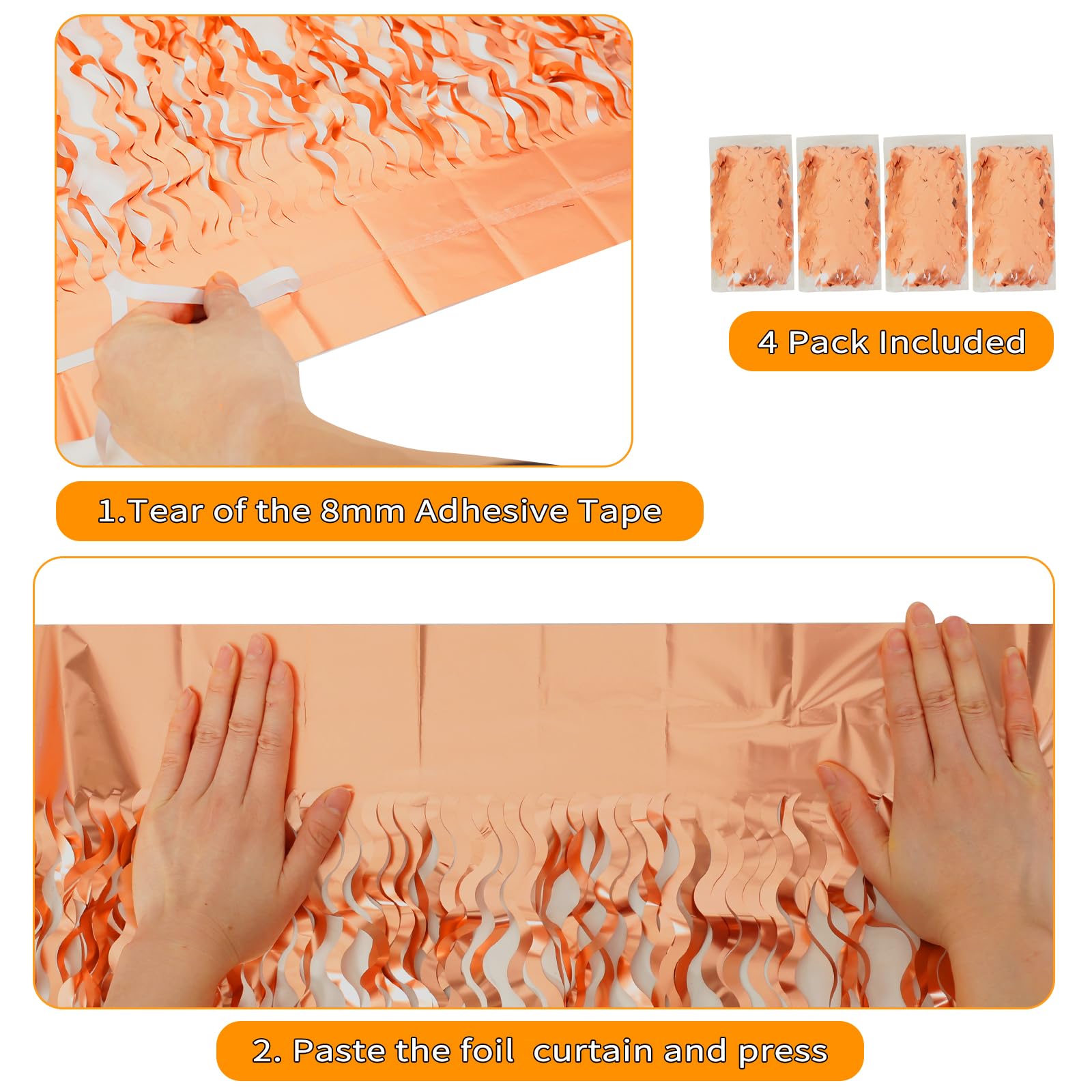 4 Pack Rose Gold Backdrop Birthday Decorations   3.3X6.6Ft Wavy Tinsel Foil Backdrop Party Streamer Party Supplies Background |