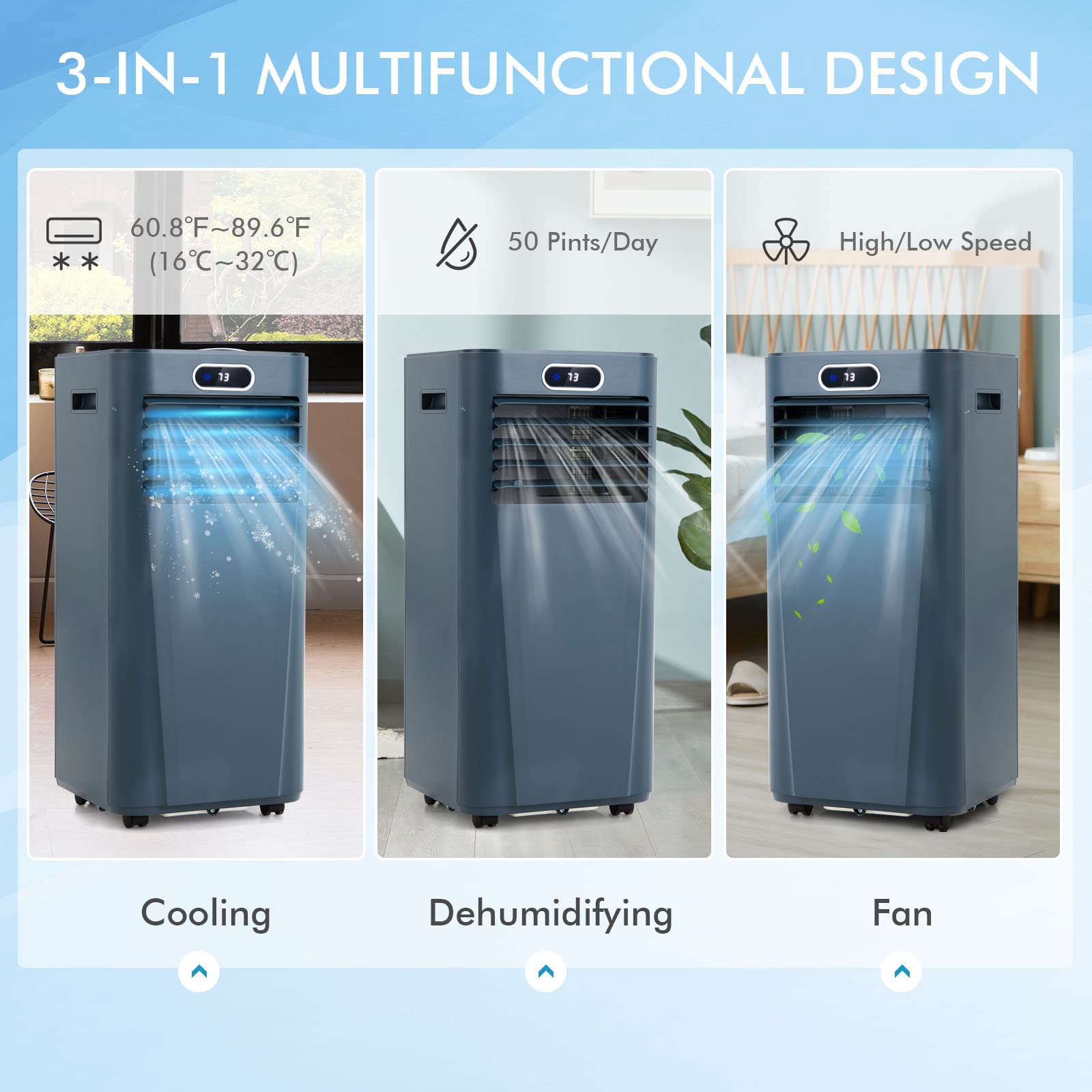 PETSITE Portable Air Conditioner 10000 BTU 3-in-1 Dehumidifier Fan Dark Blue PE0457X